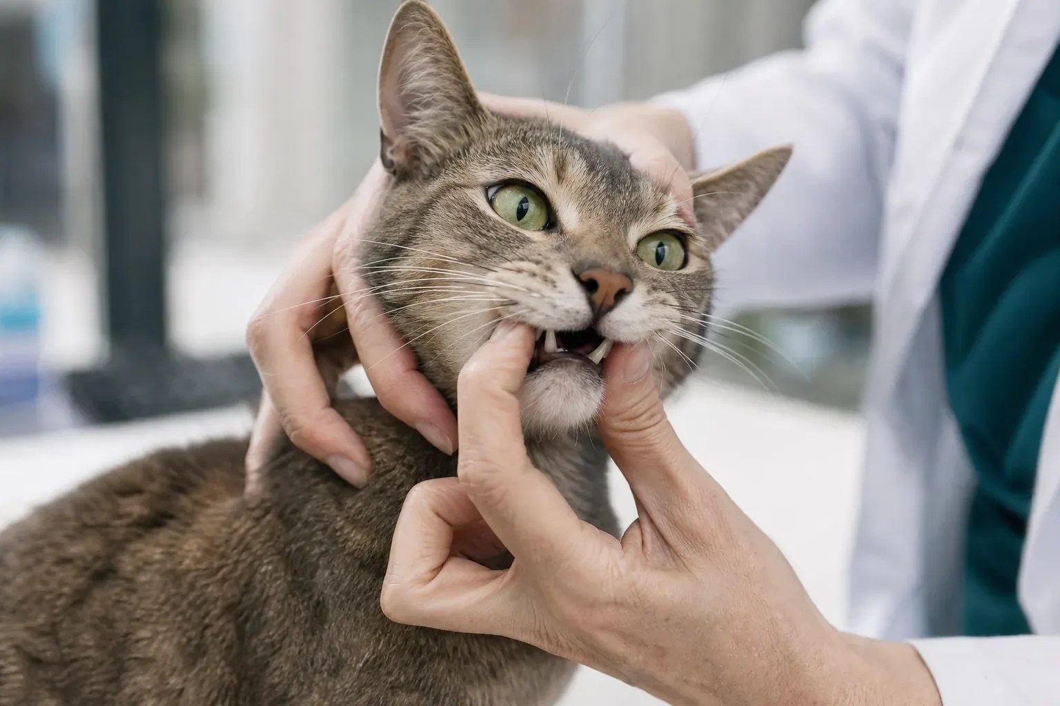 Chat aux yeux verts dont on examine délicatement la bouche entrouverte, dans un cabinet vétérinaire lumineux.