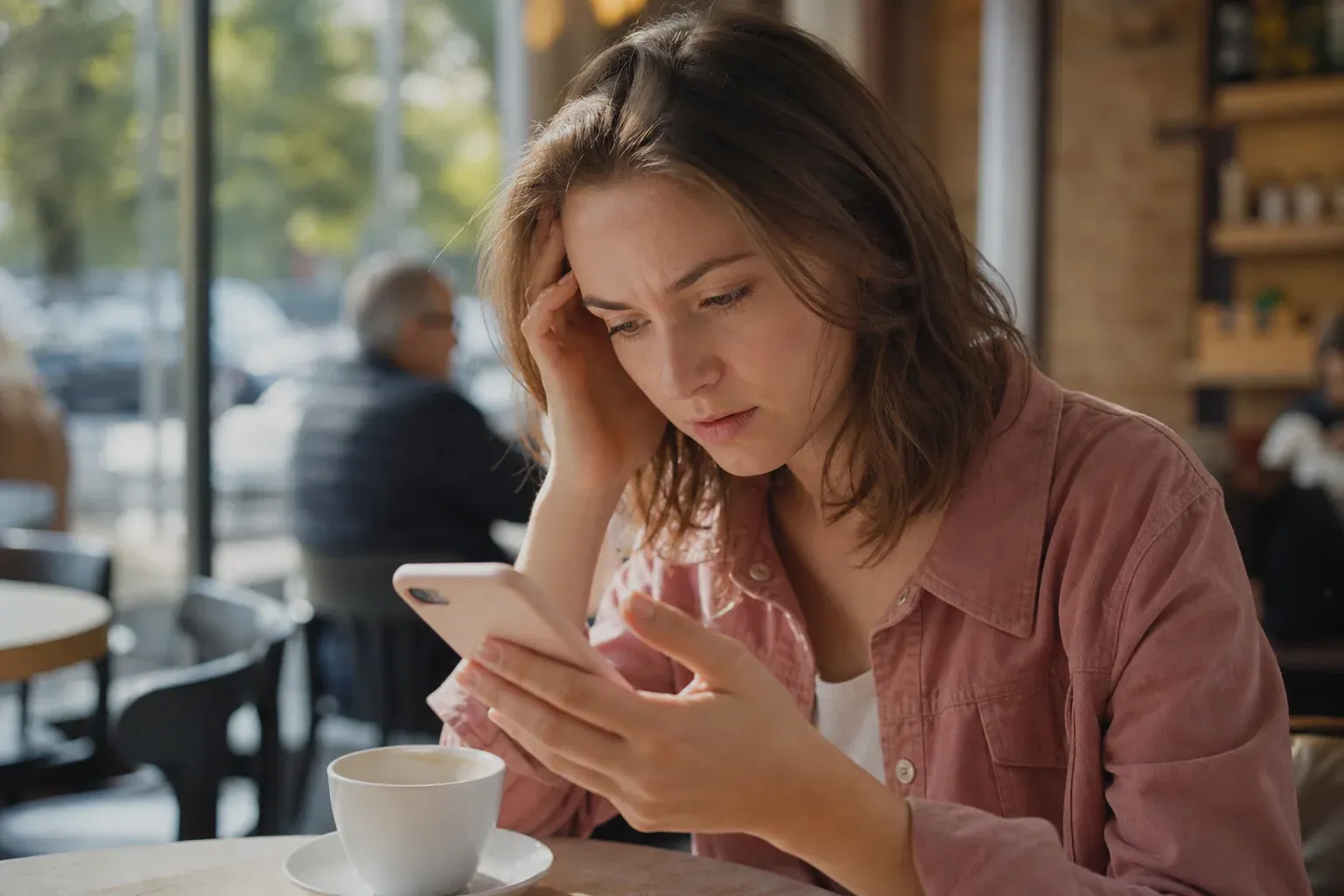 Une personne regarde son smartphone avec inquiétude en consultant une conversation Instagram dans un café.