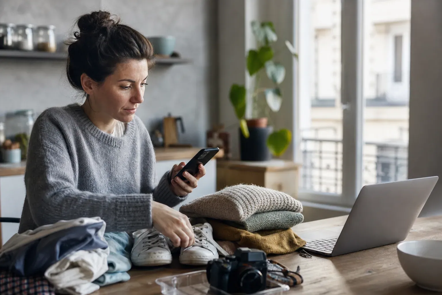 Une personne trie des objets à vendre en ligne sur une table, avec un ordinateur portable et un smartphone, dans un intérieur lumineux.