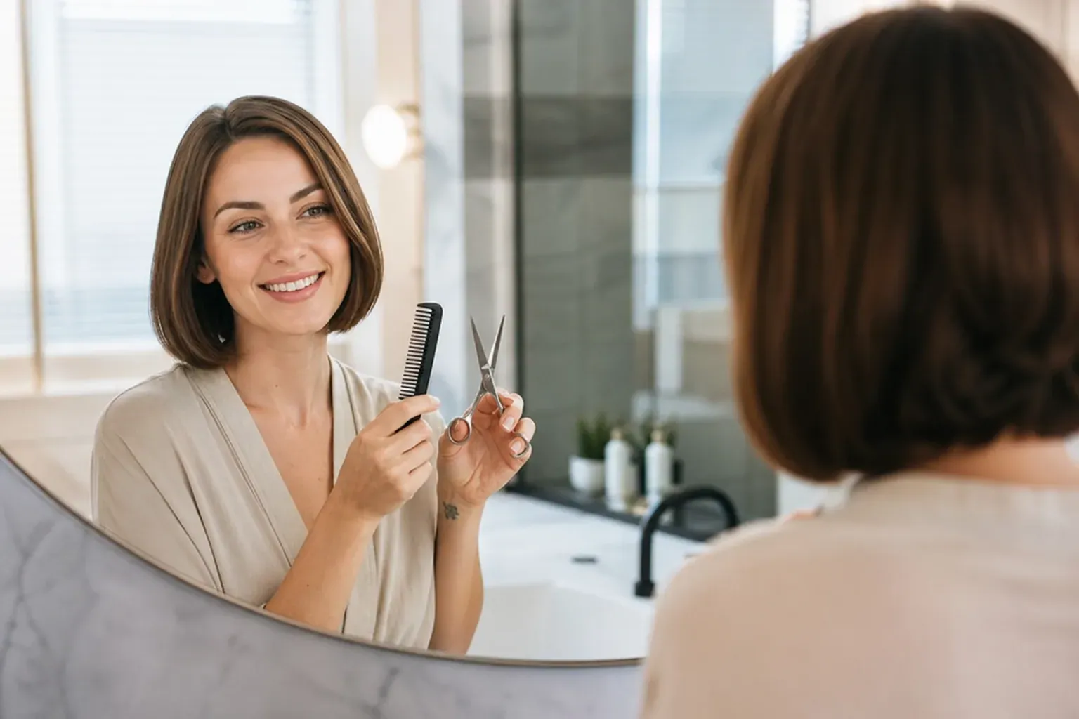 Une femme coupe elle-même ses cheveux devant un miroir, avec des ciseaux de coiffure, un peigne et des pinces, dans une salle de bain lumineuse.
