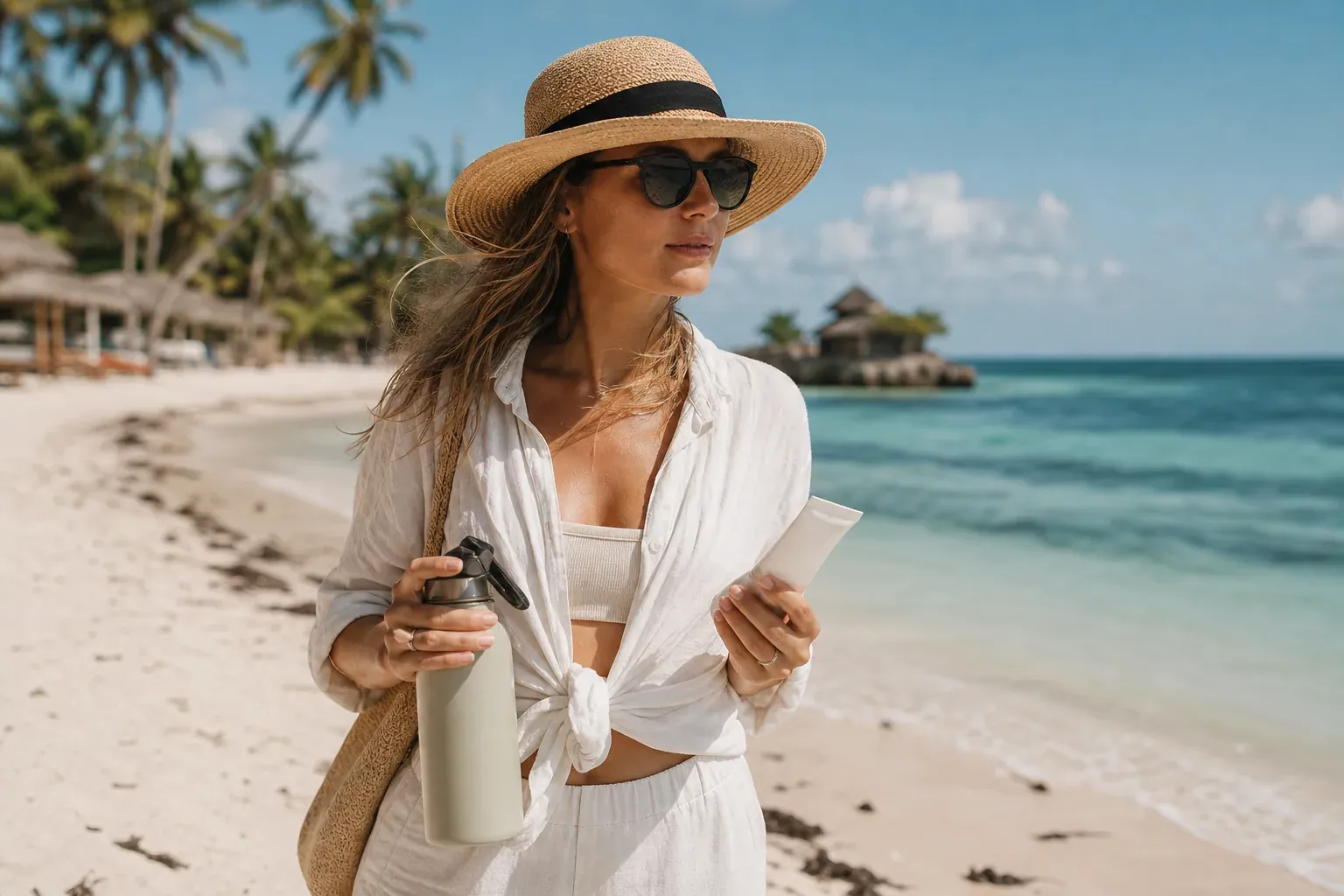 Voyageur en tenue légère sur une plage tropicale de Zanzibar, chapeau, lunettes de soleil et gourde à la main sous un soleil intense.