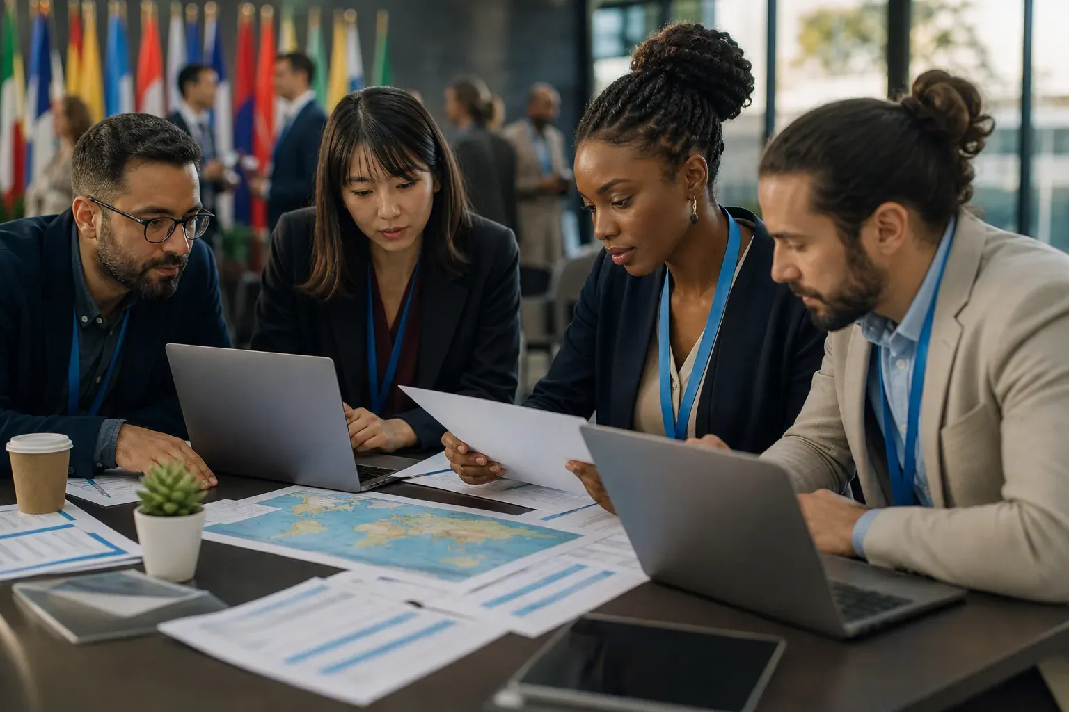 Équipe de préparation autour d’une table avec plans, ordinateurs, badges multilingues et documents d’un événement international