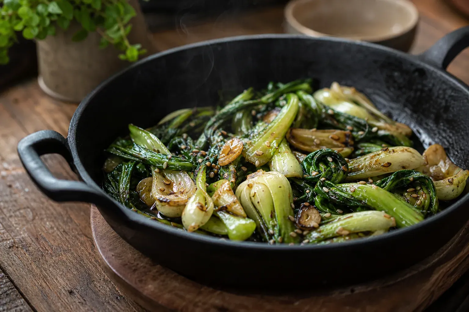 Poêlée de pak choi brillante au vinaigre balsamique, servie dans une poêle rustique avec graines de sésame et lumière naturelle.