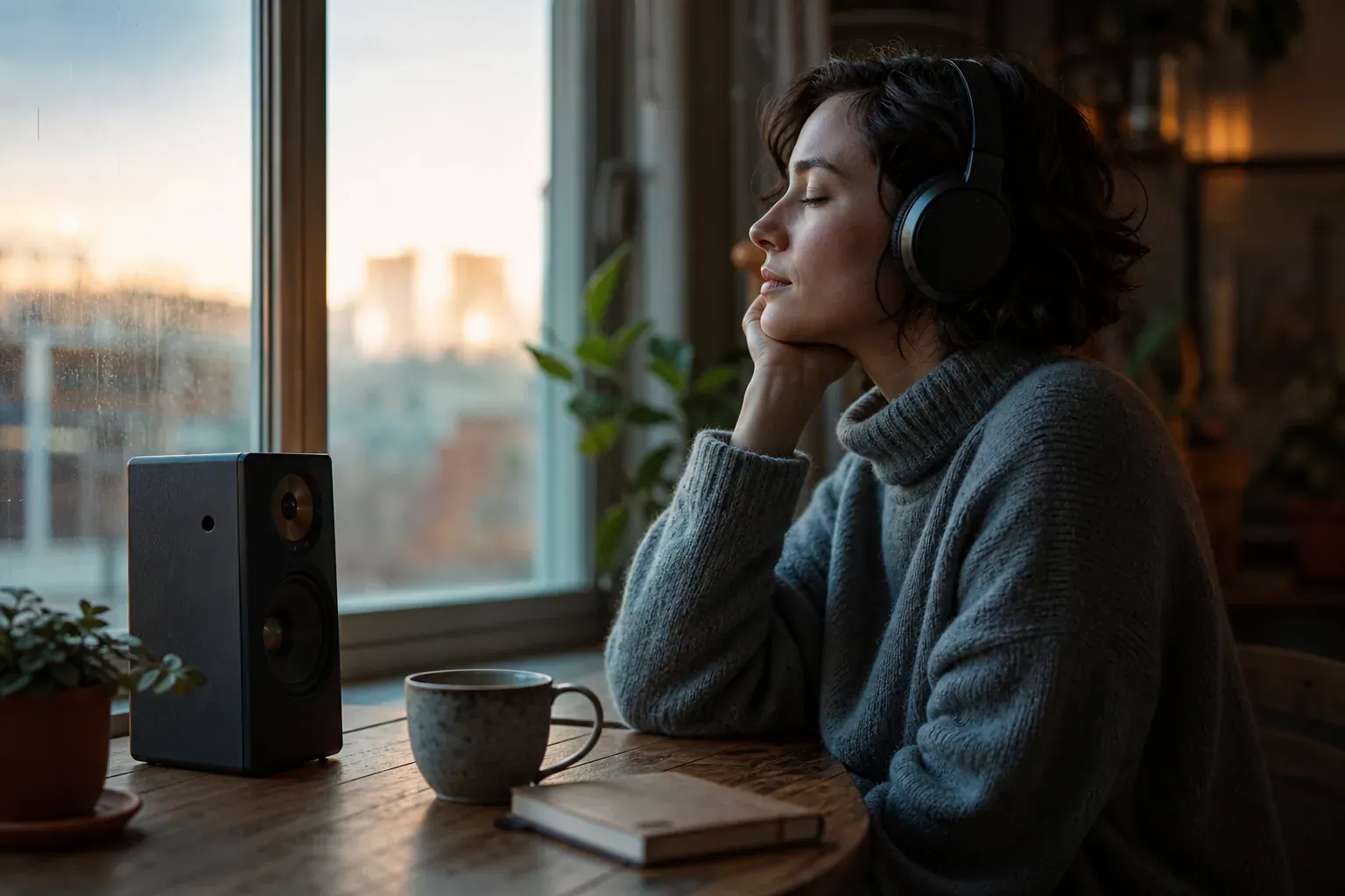 Une personne écoute de la musique au casque dans une pièce calme et lumineuse, avec une tasse de thé et des plantes autour d’elle.