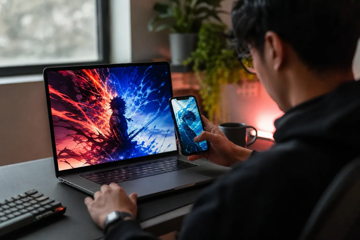 Photo réaliste d’un bureau moderne avec un smartphone et un ordinateur portable affichant un fond d’écran aux couleurs rouge et bleue, évoquant l’univers de Todoroki.