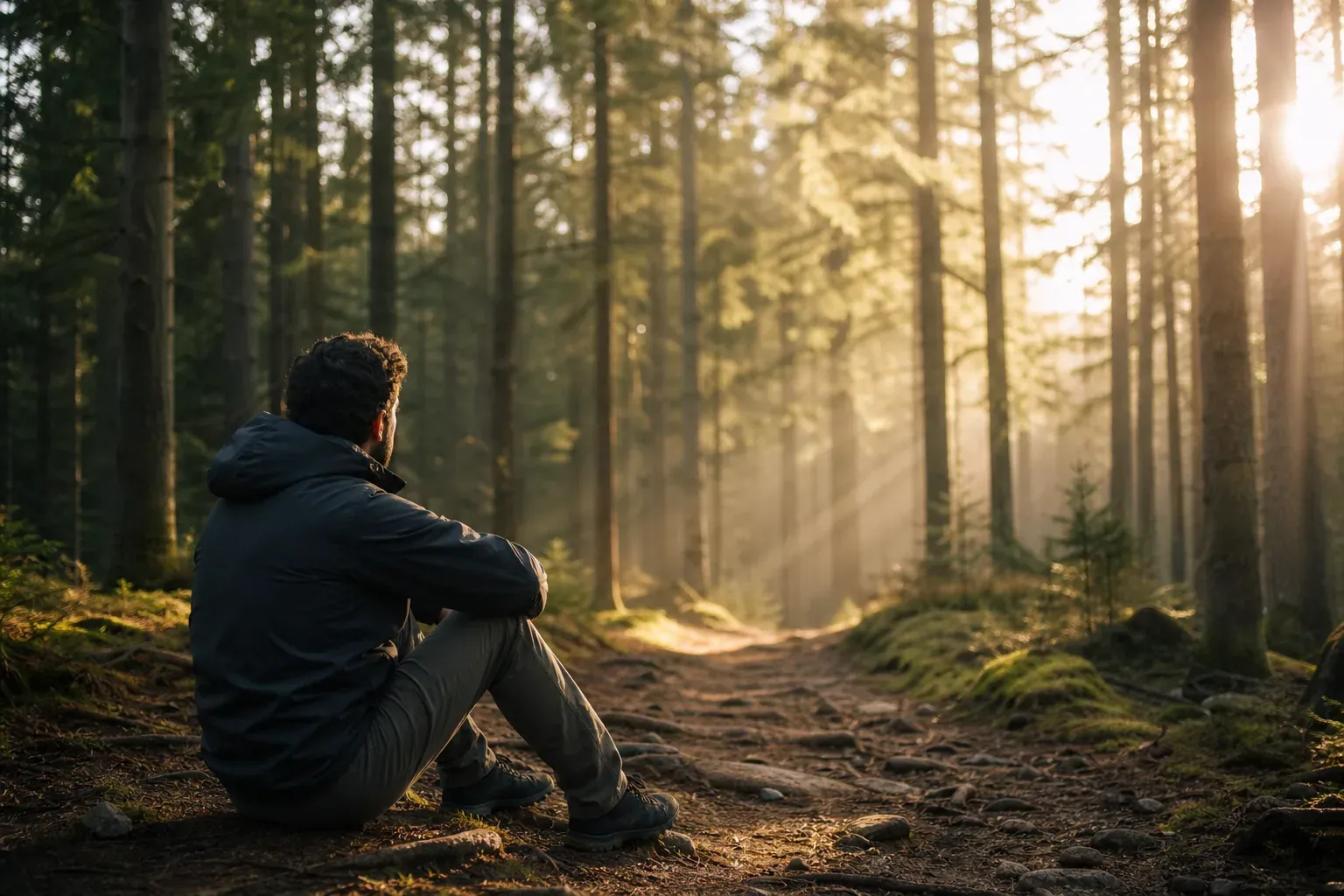 Une personne assise calmement sur un sentier forestier au lever du soleil, observant les arbres dans une ambiance paisible et naturelle.