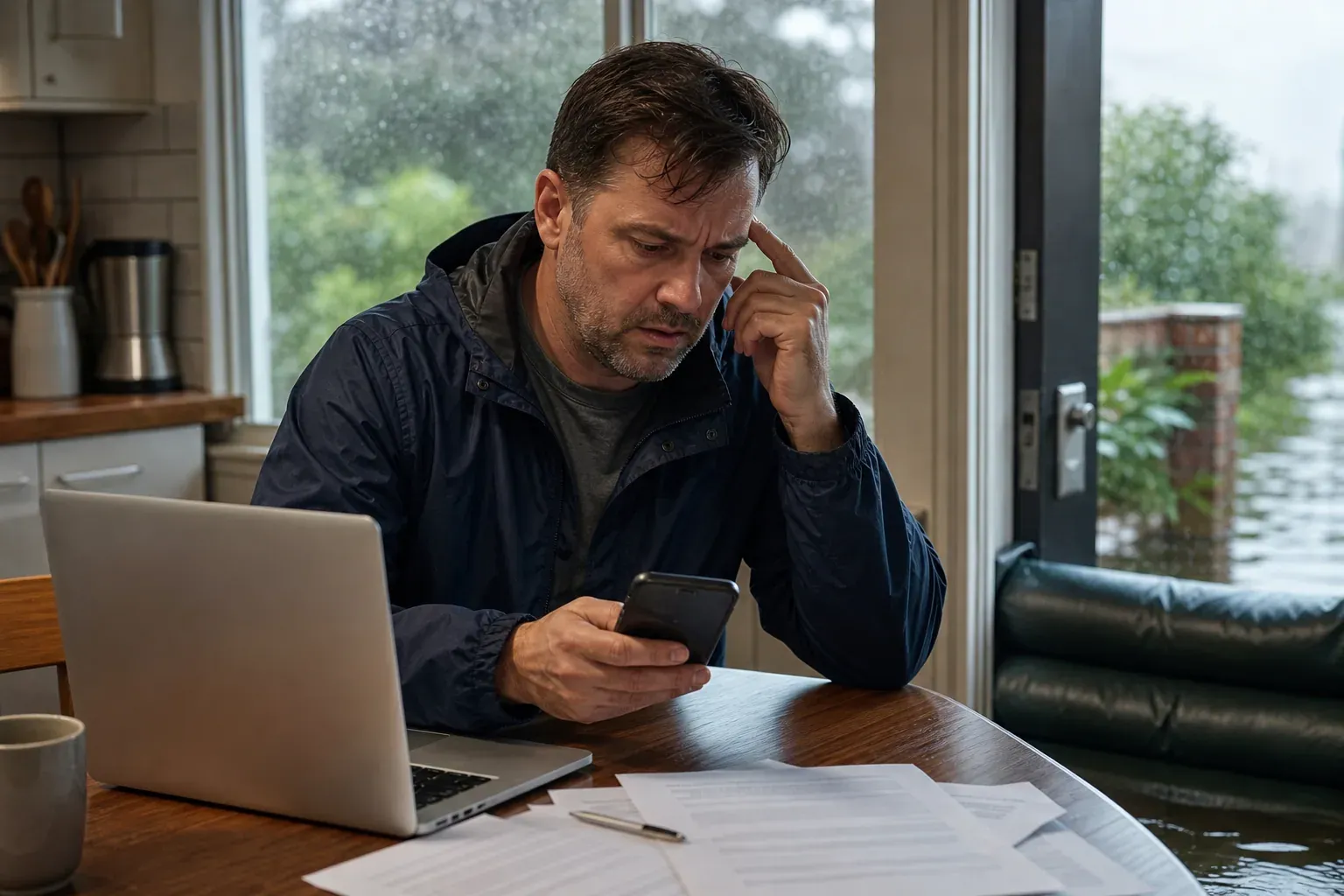 Un propriétaire consulte son contrat d’assurance habitation à table, avec une pluie forte visible au dehors, évoquant un risque aggravé.