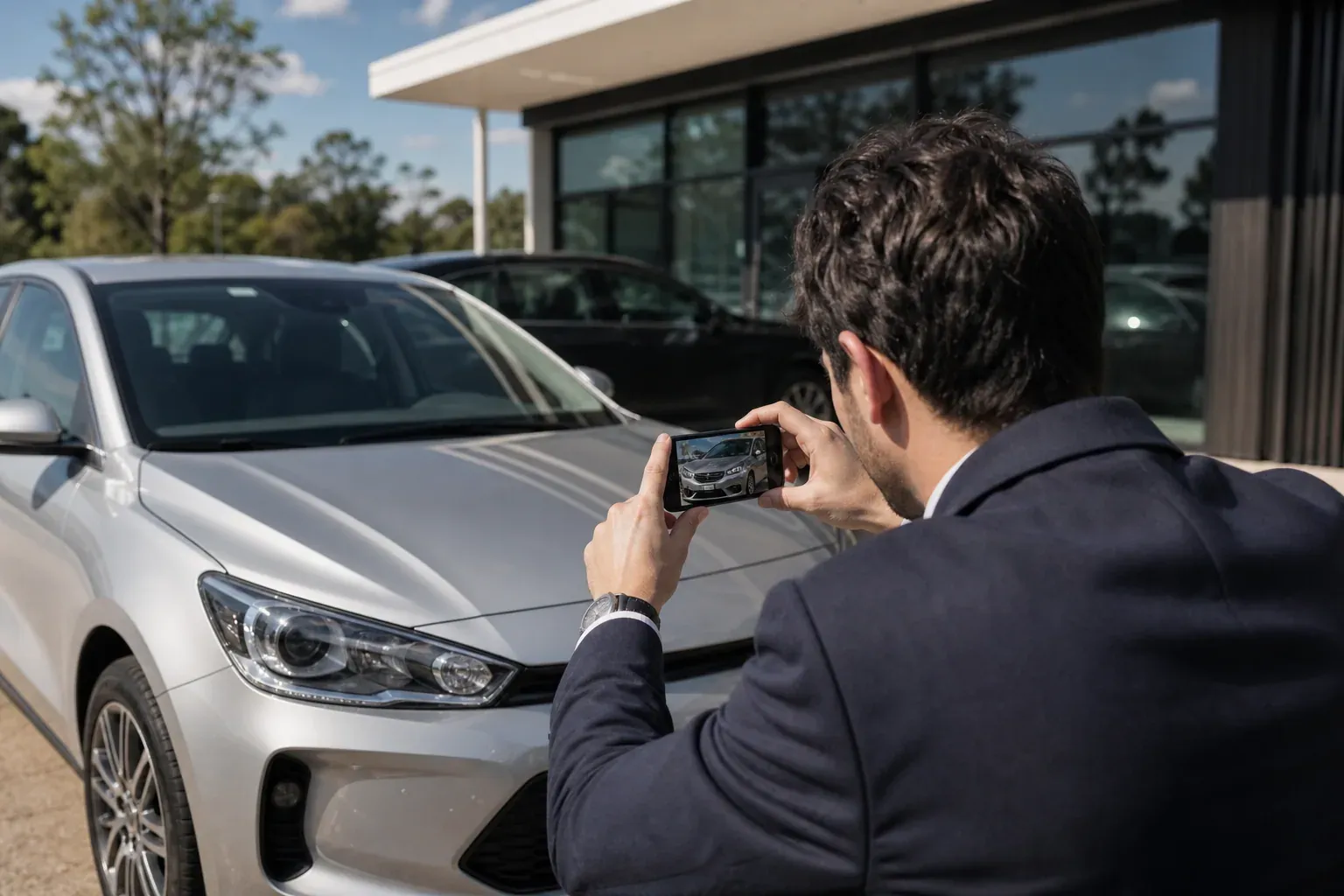 Un responsable de location de voitures filme un véhicule avec son smartphone devant une agence moderne