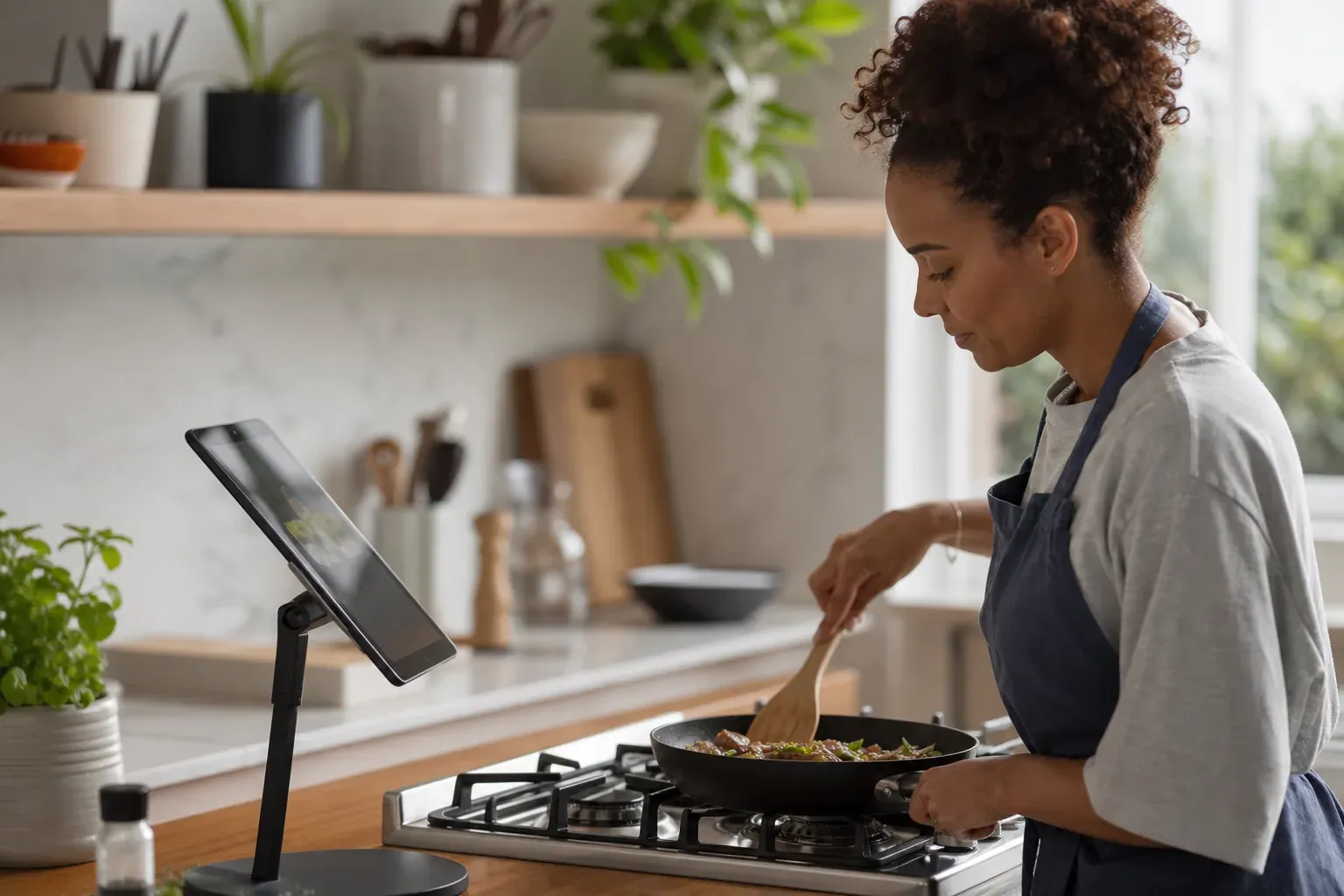 Une tablette tactile posée sur un support dans une cuisine moderne, affichant une recette pendant qu’une personne cuisine à côté.