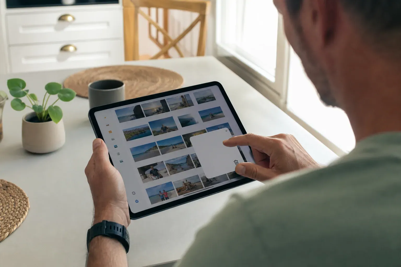 Gros plan sur une personne qui vide la corbeille d’une tablette dans un intérieur lumineux.