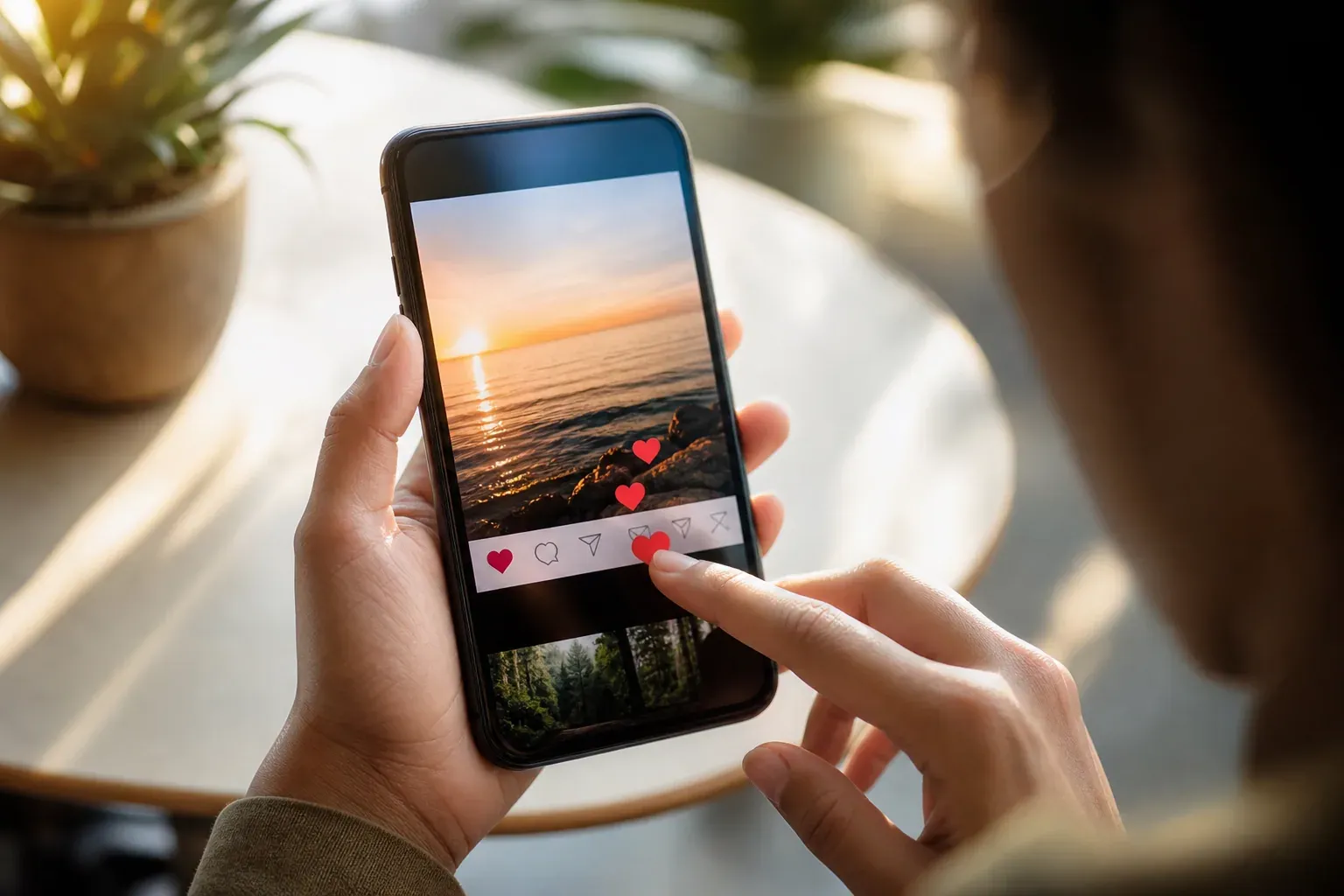 Une personne tient un smartphone affichant une publication Instagram avec le compteur de likes visible, en lumière naturelle.