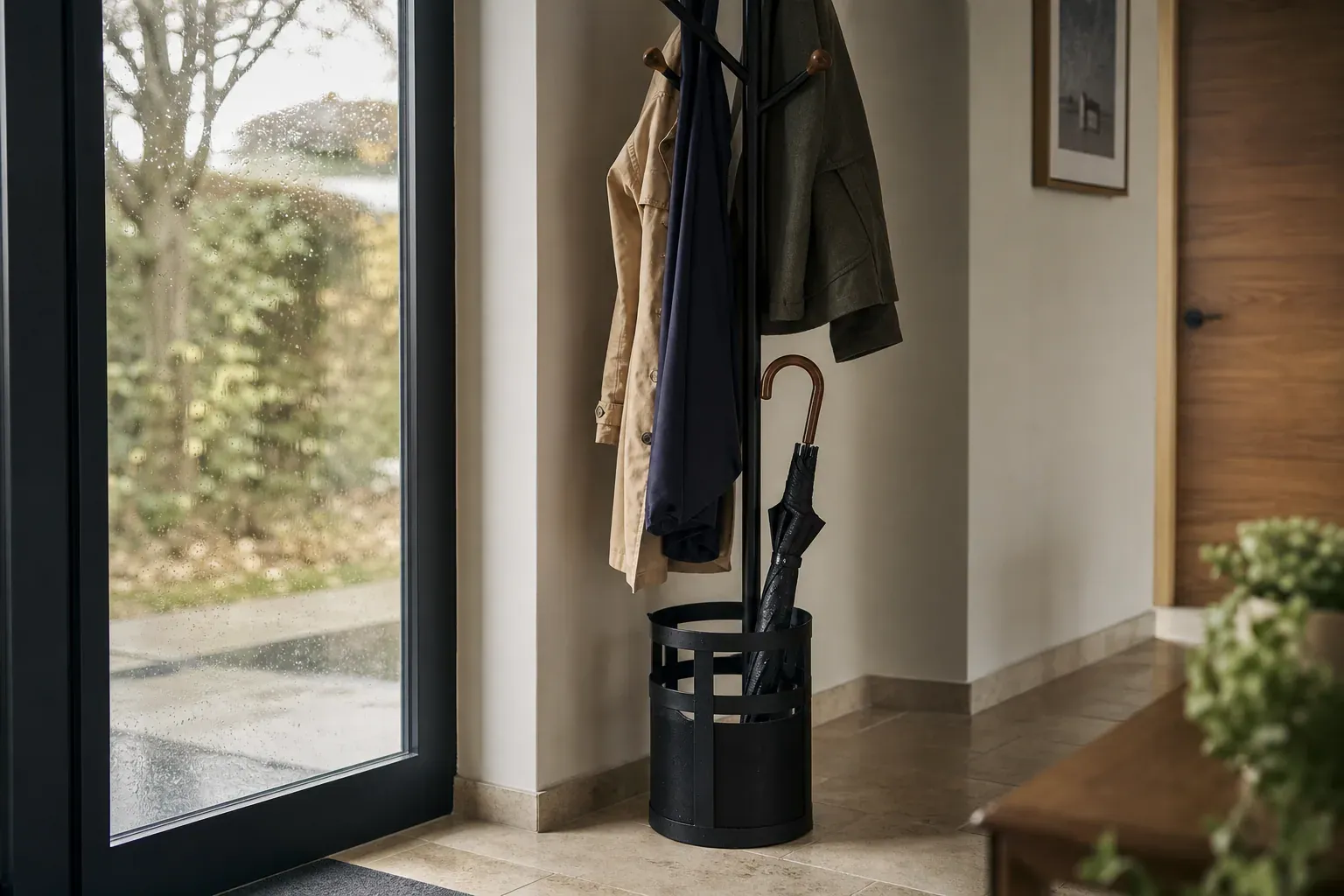 Porte-manteau sur pied avec porte-parapluie intégré dans une entrée moderne, avec manteaux accrochés et parapluie humide.
