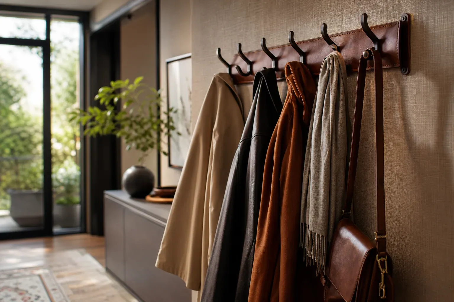 Un porte-manteau en cuir élégant dans une entrée moderne, avec quelques manteaux suspendus et une ambiance chaleureuse.