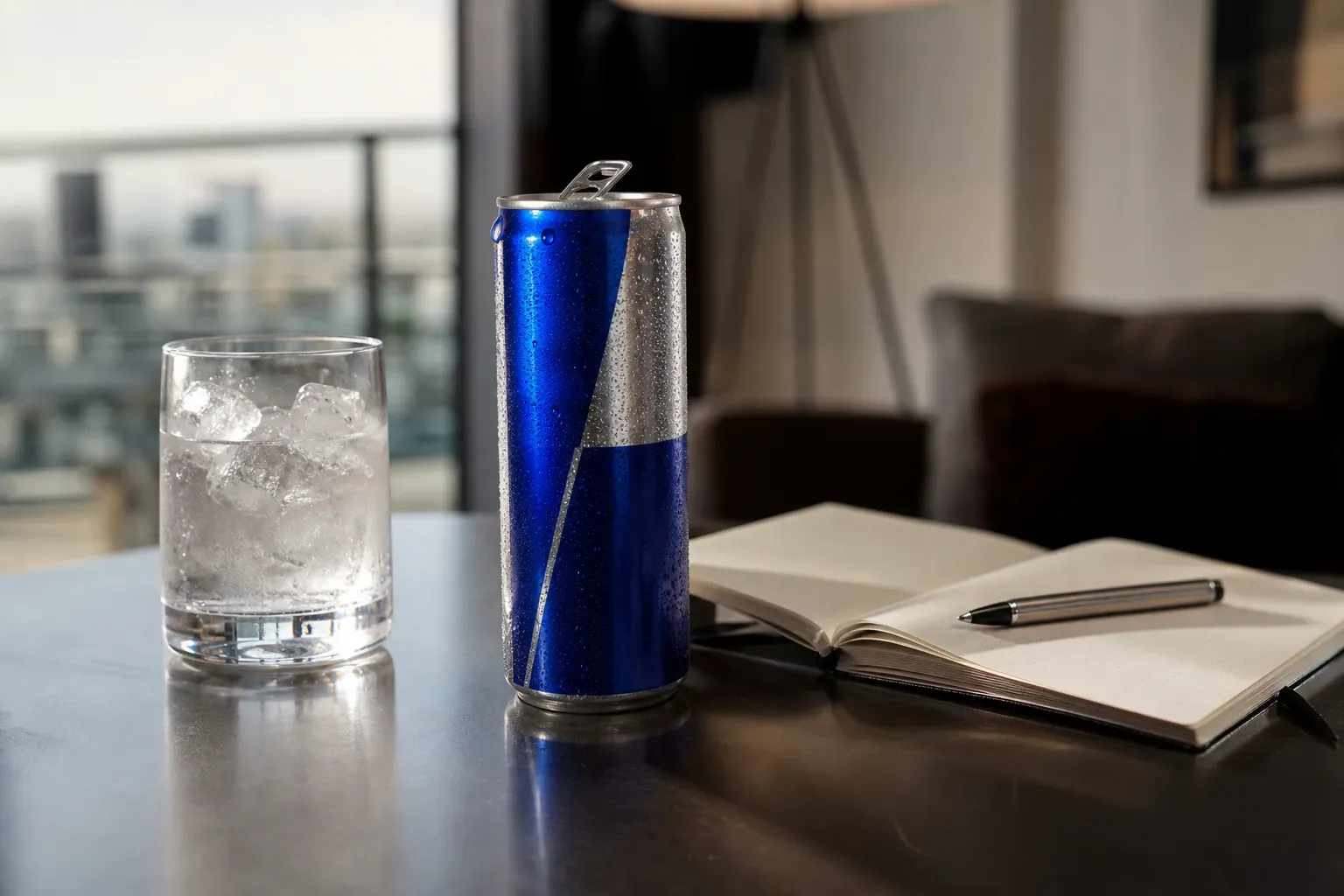 Une canette de Red Bull posée sur une table, à côté d’un verre rempli de glace, dans une cuisine lumineuse.