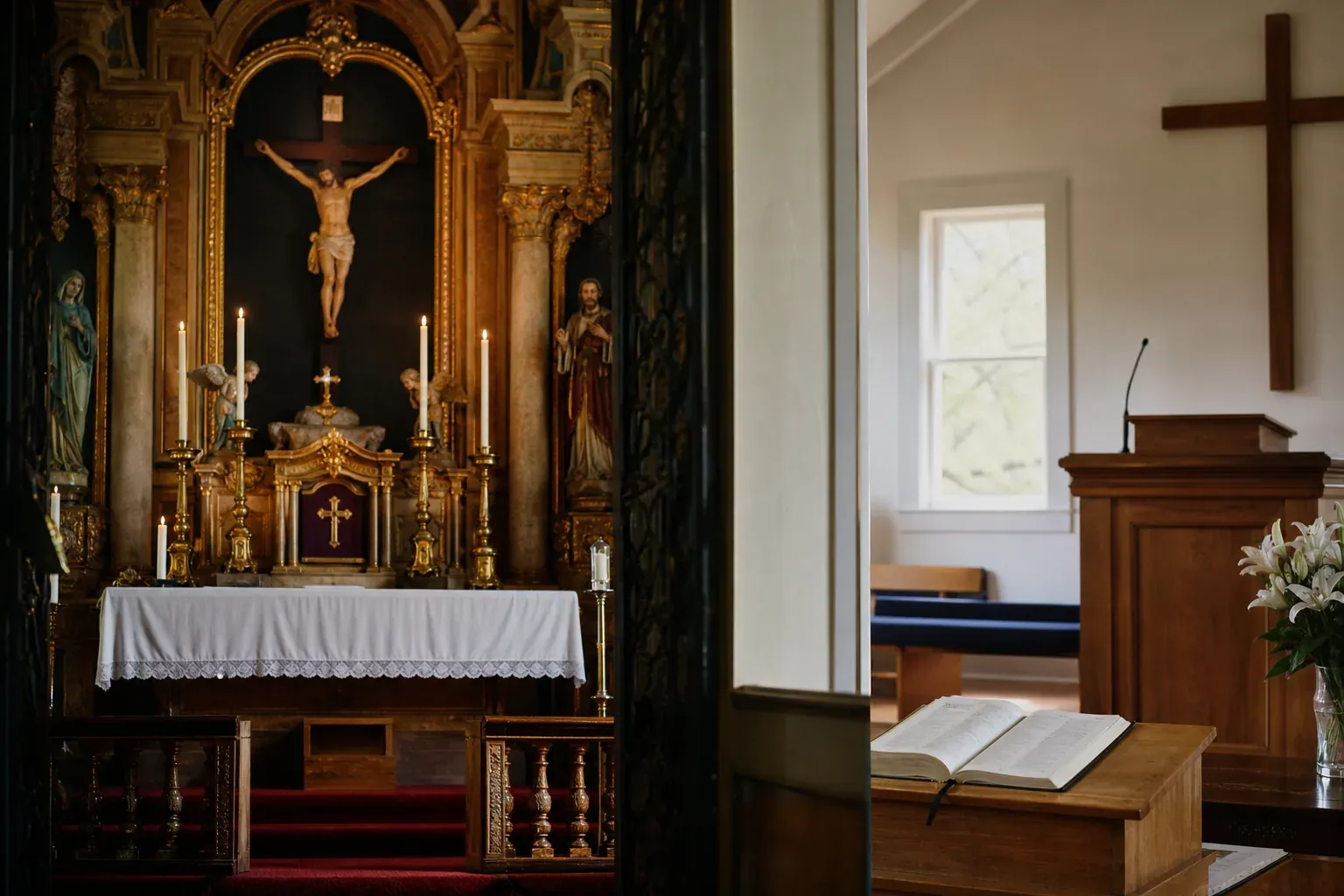 Intérieur de deux lieux de culte chrétiens contrastés : un autel catholique orné et une salle protestante plus sobre avec une Bible et une chaire.