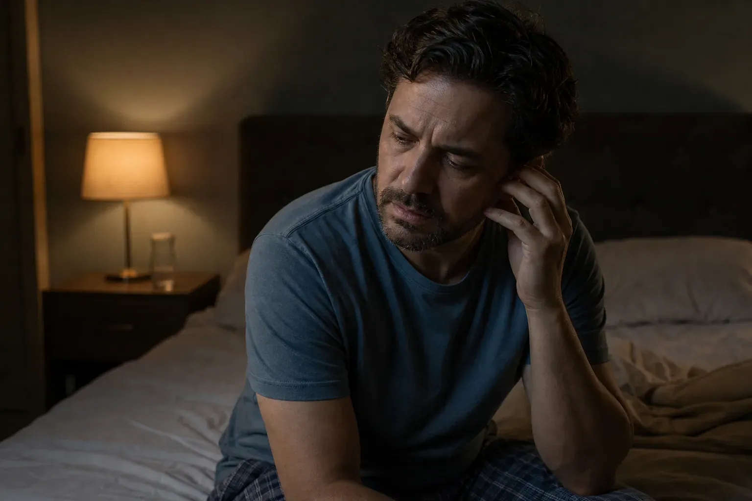 Une personne fatiguée est assise au bord d’un lit dans une chambre tamisée, la main près de l’oreille, avec une expression inquiète.