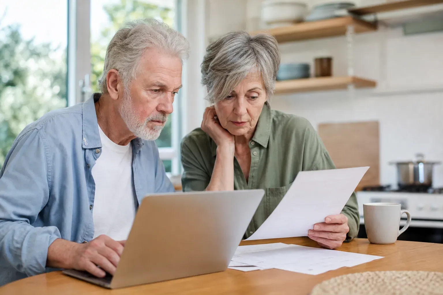 Couple de seniors à table, consultant des documents de mutuelle sur un ordinateur portable dans un intérieur lumineux.