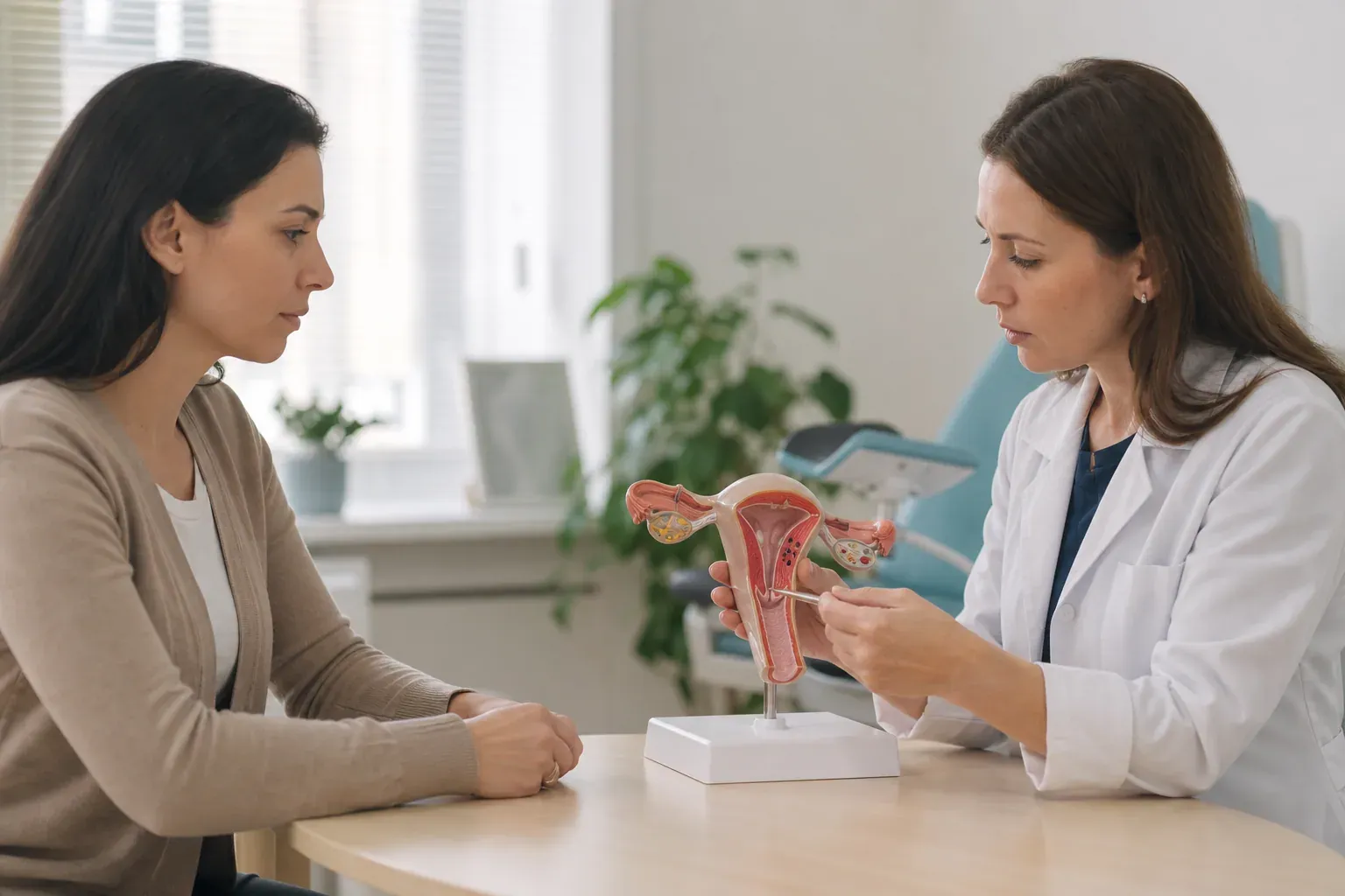 Une femme adulte en consultation gynécologique, discutant calmement avec une médecin dans un cadre médical lumineux, avec un modèle anatomique discret sur le bureau.