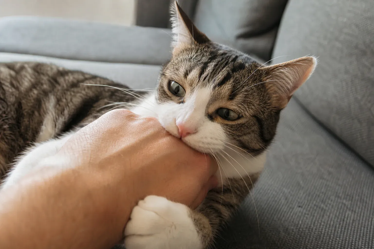 Un chat domestique mordille doucement une main humaine pendant une séance de caresses, dans un intérieur réaliste.