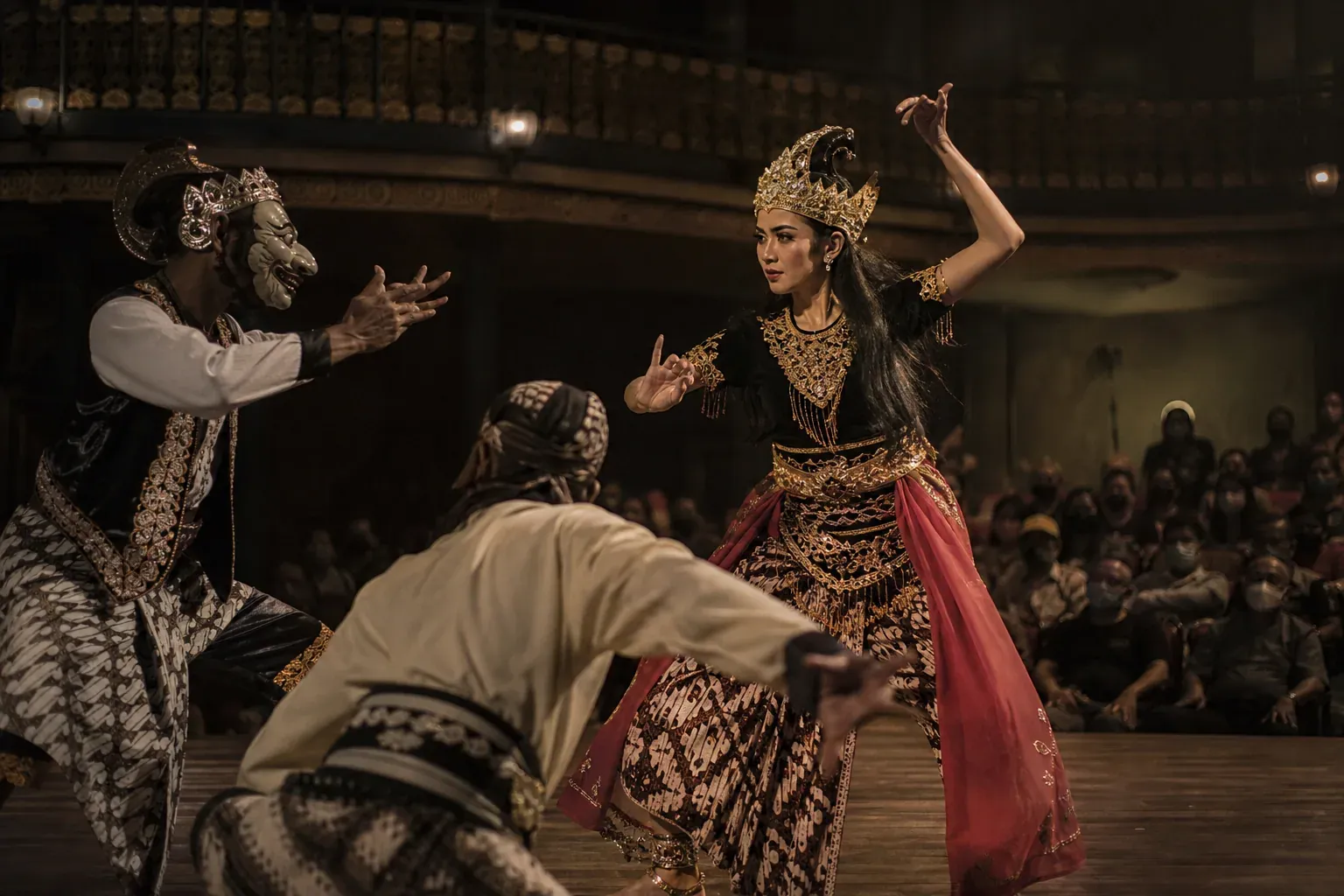 Photo réaliste d’une scène de théâtre avec des comédiens en costumes traditionnels, des masques et un éclairage de plateau dans une salle historique.