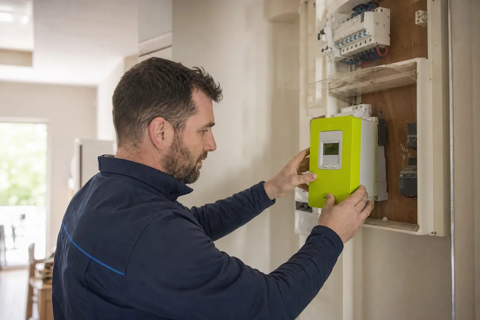 Technicien Enedis installant un compteur électrique communicant dans un tableau électrique domestique, lumière naturelle.
