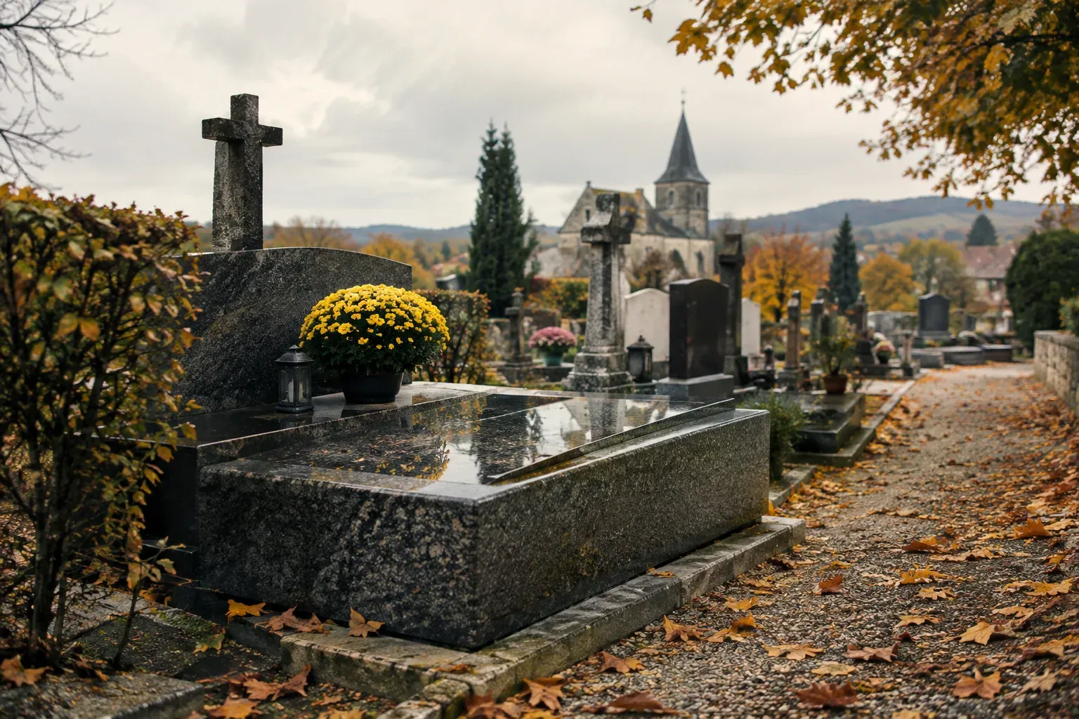 Tombe familiale en granit fleurie de chrysanthèmes jaunes dans un cimetière de village à l'automne, feuilles mortes sur l'allée de gravier.