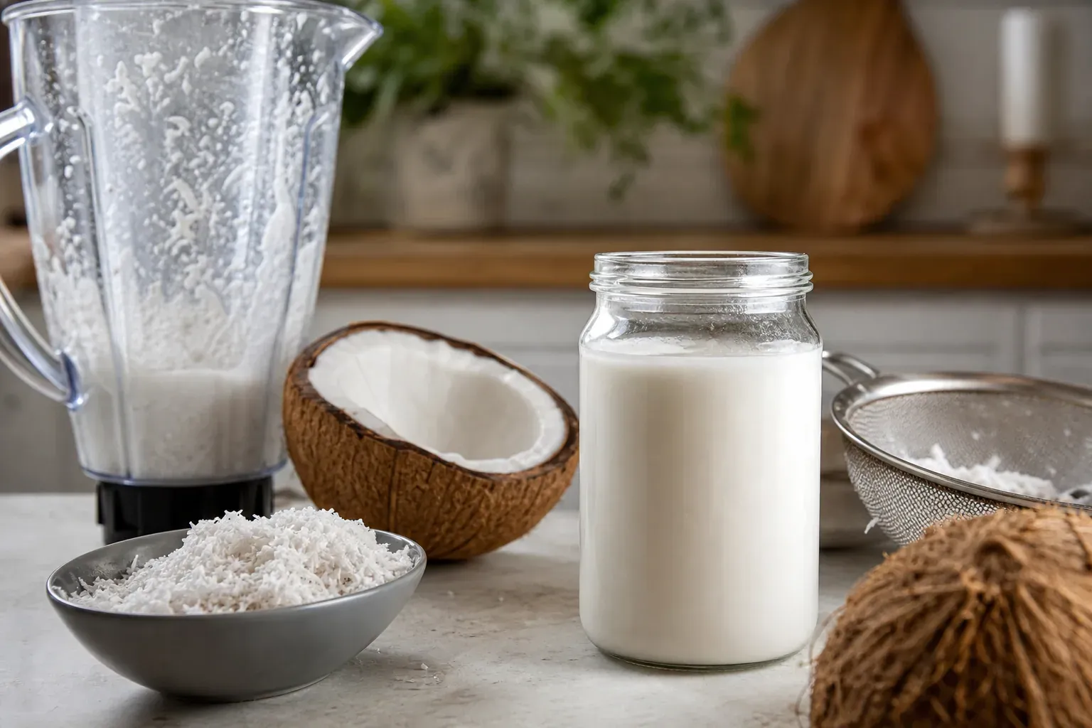 Photo réaliste d’une préparation de lait de coco maison avec noix de coco ouverte, blender, passoire fine et bocal de lait blanc crémeux sur un plan de travail.