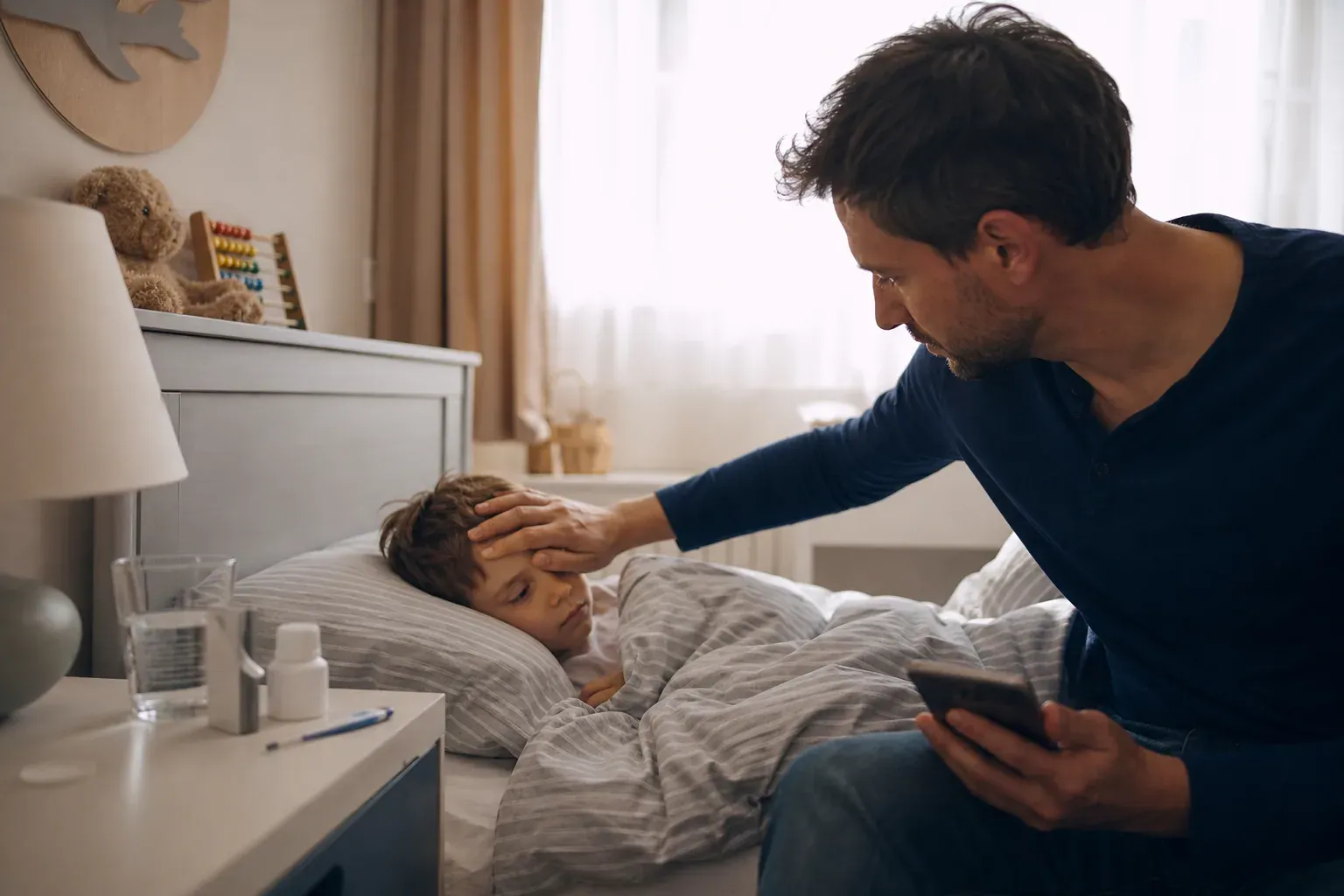 Père assis au bord d'un lit, la main sur le front de son jeune fils malade, avec thermomètre et verre d'eau sur la table de chevet.