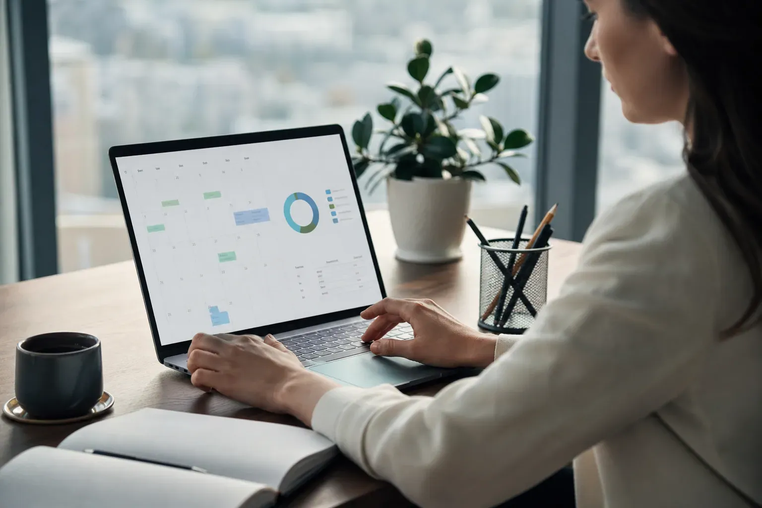 Salarié consultant un calendrier et un solde de congés sur son ordinateur portable au bureau, lumière naturelle.