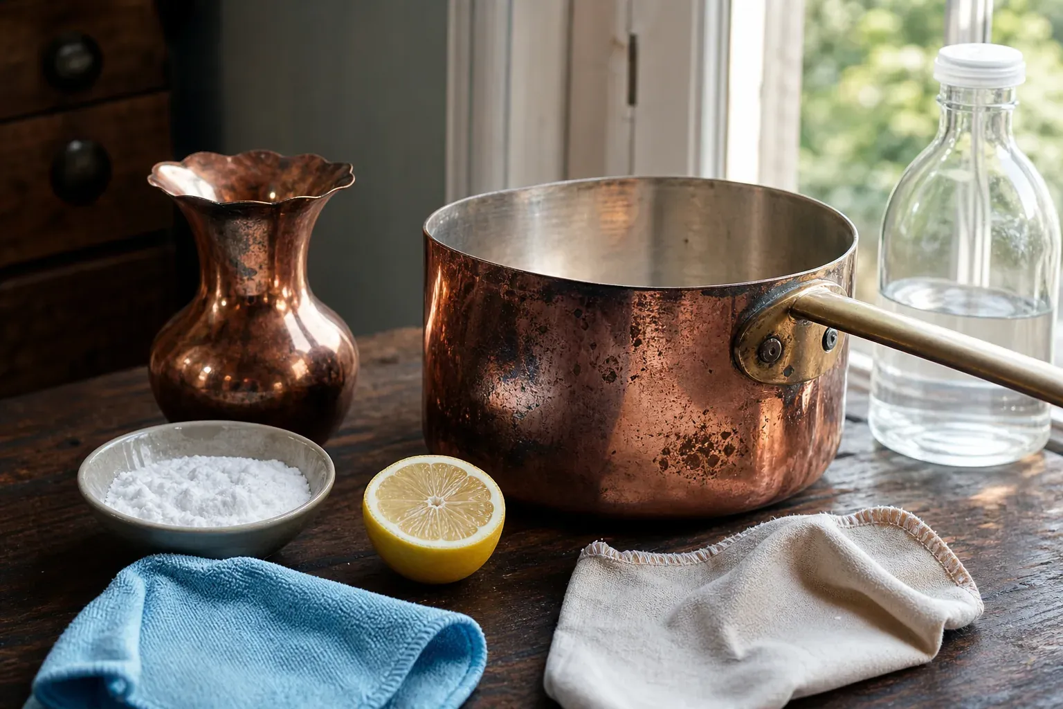 Photo réaliste d'un plan de travail avec une casserole en cuivre ternie, un vase en cuivre, du citron, du bicarbonate et des chiffons pour la restauration.