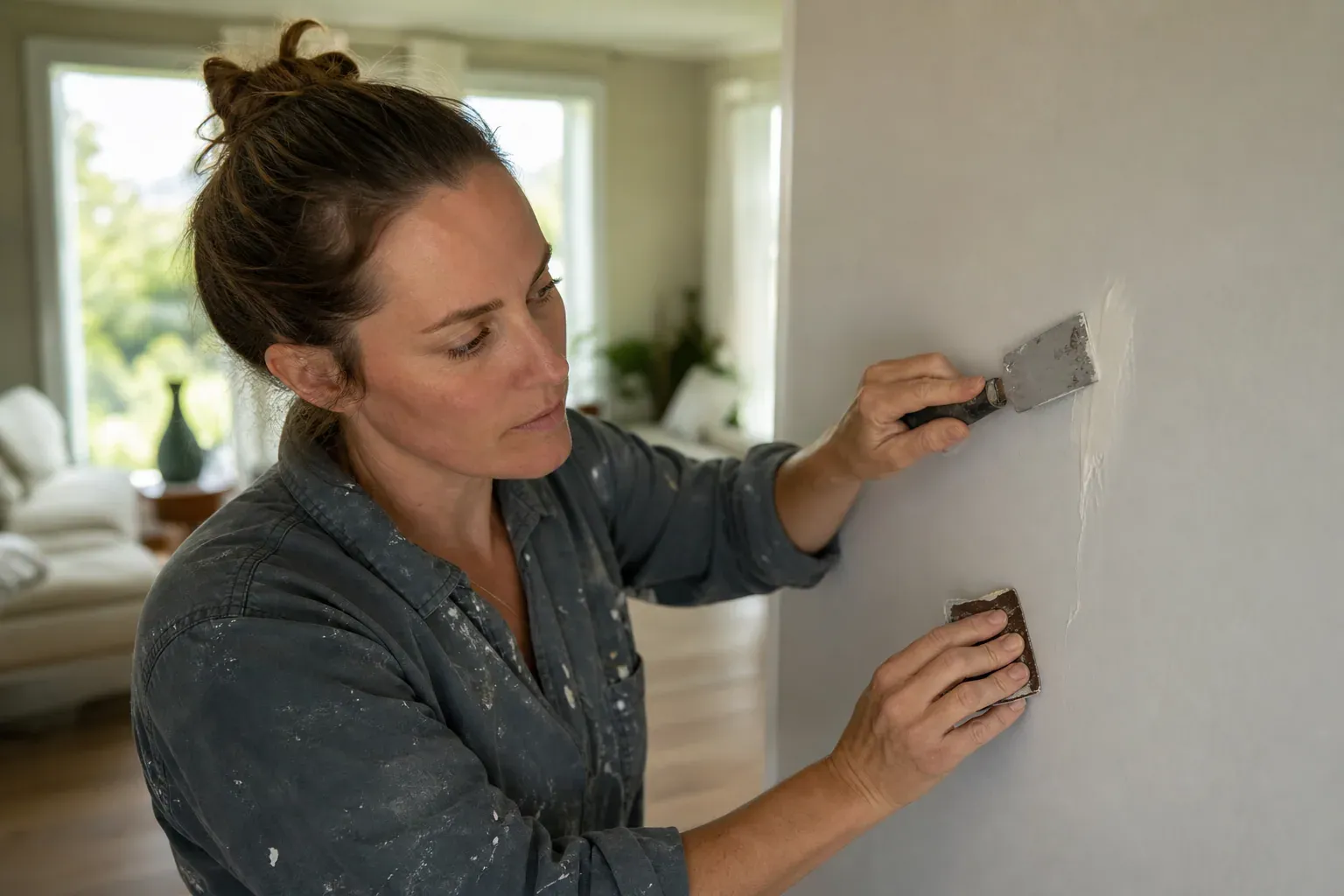 Une personne corrige une coulure de peinture sur un mur intérieur avec du papier abrasif fin et un couteau à mastic.