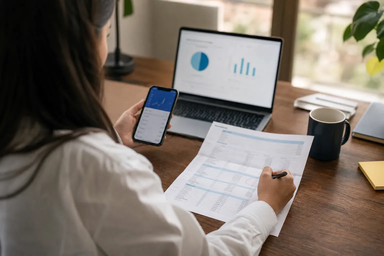 Personne vérifiant un relevé bancaire papier et une application bancaire sur smartphone, stylo à la main, à un bureau.