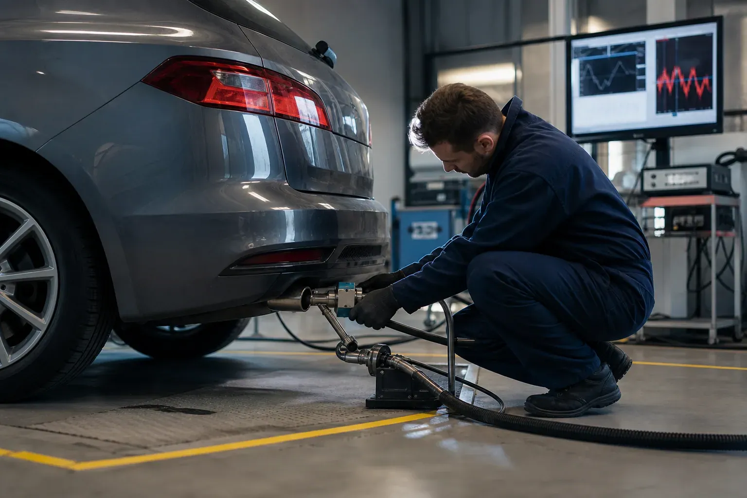 Une voiture essence moderne branchée à un banc de test antipollution dans un atelier de contrôle, avec un technicien et des instruments de mesure.