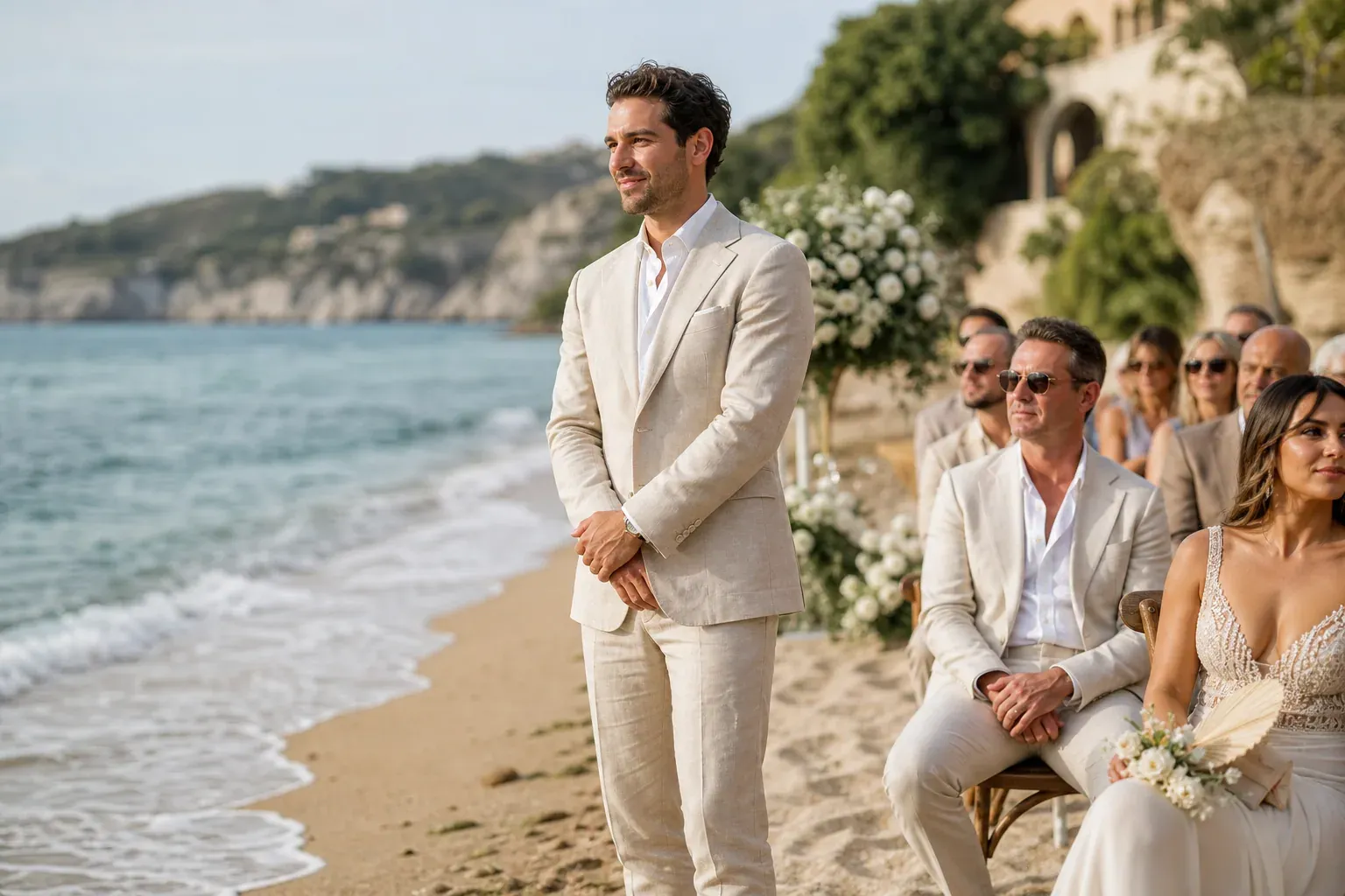 Un témoin de mariage élégamment habillé en costume léger beige sur une plage, près du bord de mer, dans une ambiance de cérémonie chic et naturelle.