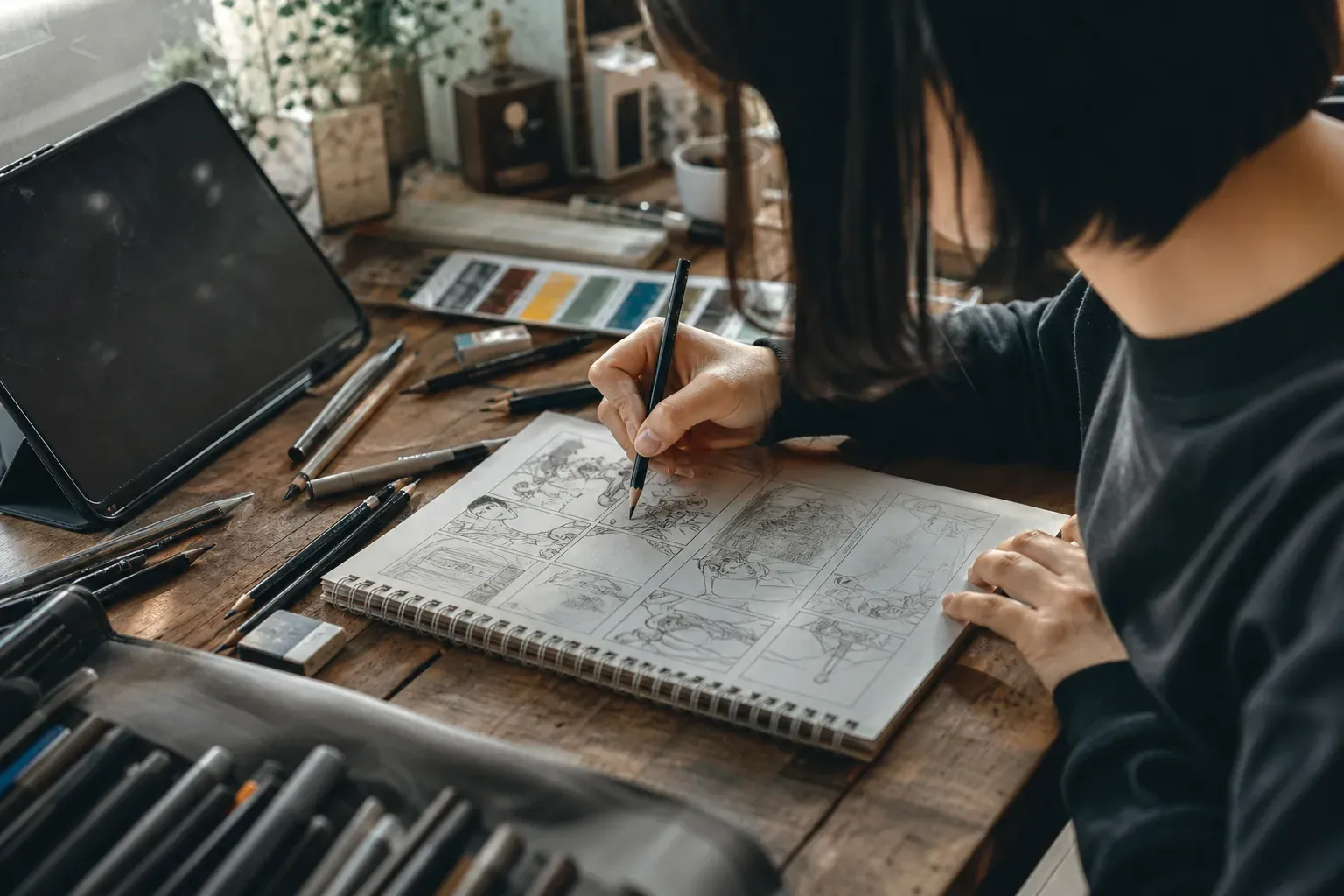 Une personne dessine le storyboard d’une bande dessinée sur un bureau, avec crayons, feutres et tablette graphique à portée de main.