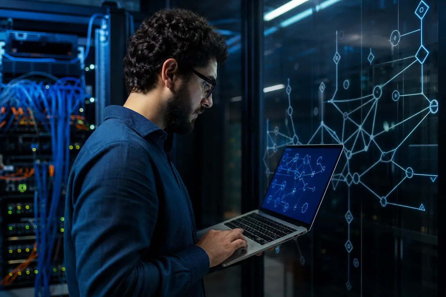 Un ingénieur en cybersécurité analyse des schémas cryptographiques dans une salle de serveurs moderne