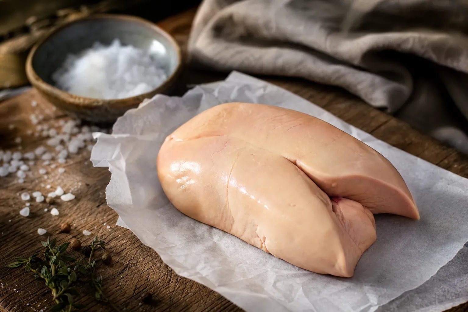 Un lobe de foie gras cru posé sur du gros sel dans une cuisine rustique, prêt pour une cuisson au sel maison.