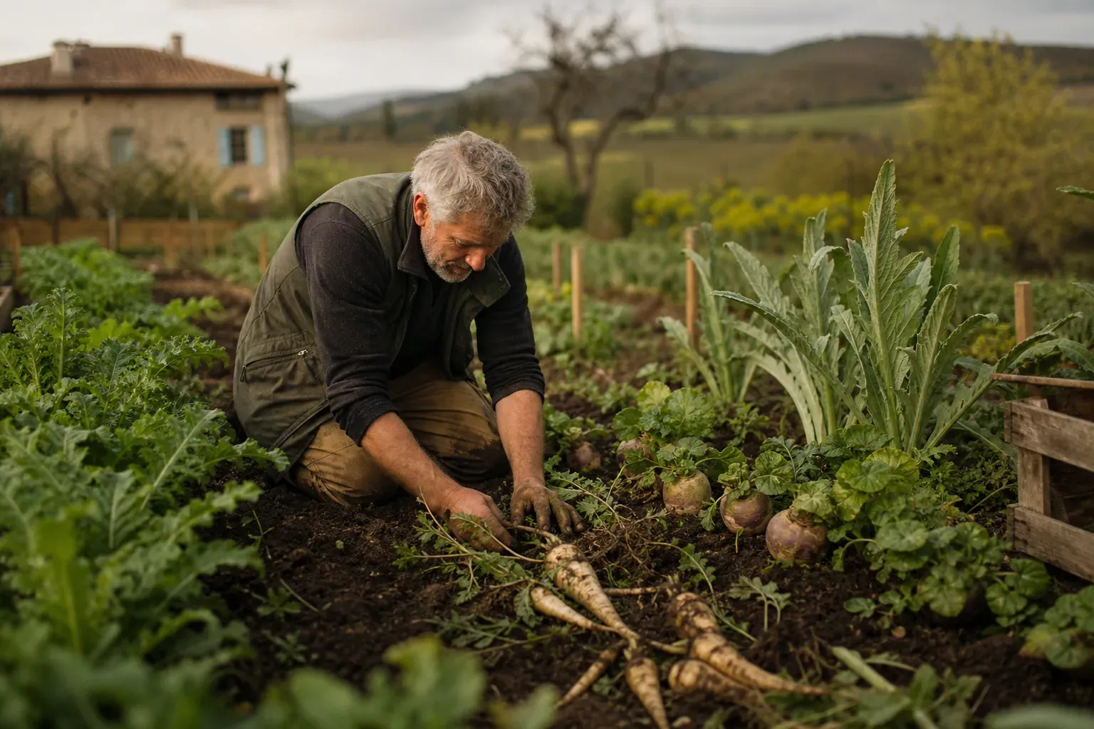 Un jardinier récolte des légumes anciens dans un potager de campagne, avec rangs de cultures, terre sombre et ambiance naturelle.