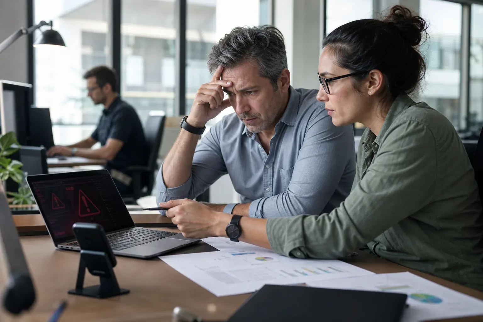 Dans un bureau moderne, un dirigeant et un technicien analysent un incident informatique sur un ordinateur portable, avec une atmosphère de gestion de crise.