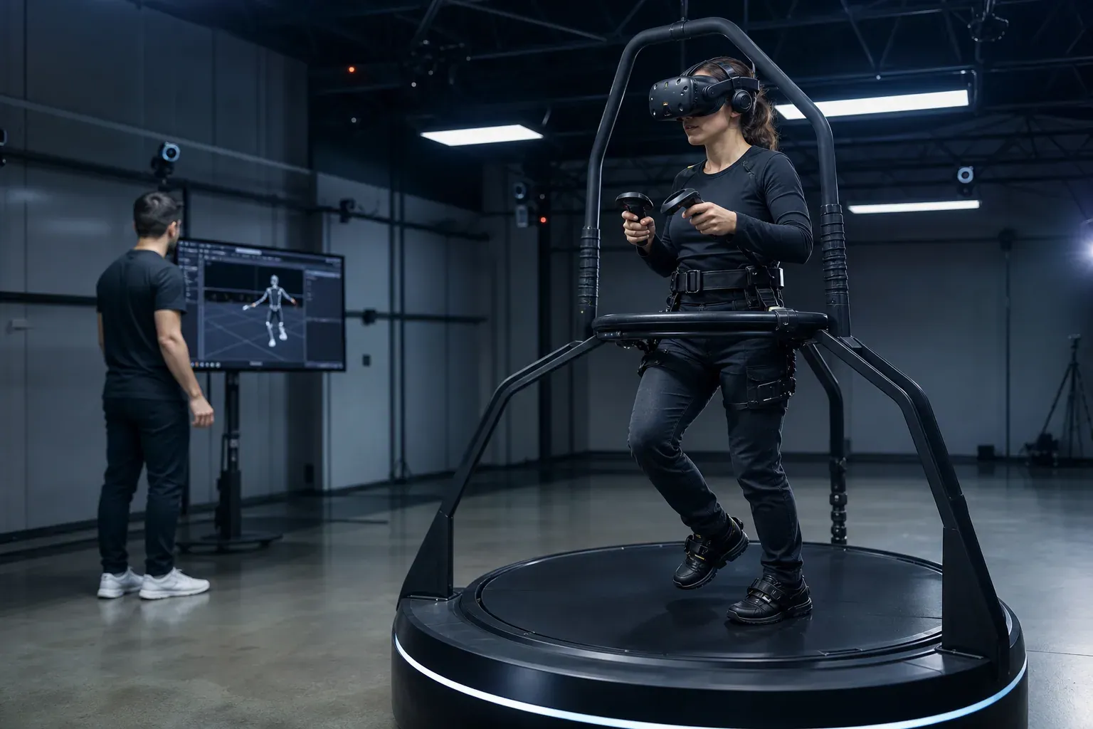 Personne équipée d’un casque VR sur un tapis roulant omnidirectionnel, dans un laboratoire technique, avec un opérateur qui contrôle le suivi des mouvements.