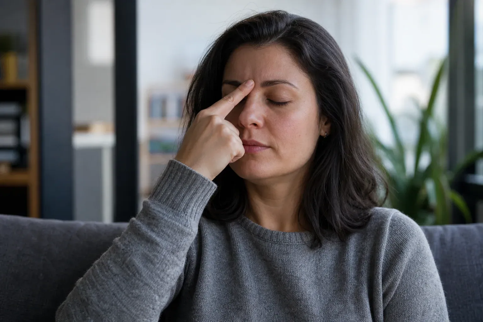Personne assise à la maison, doigt posé doucement entre les sourcils et langue plaquée au palais, avec une expression de soulagement face à un nez bouché.
