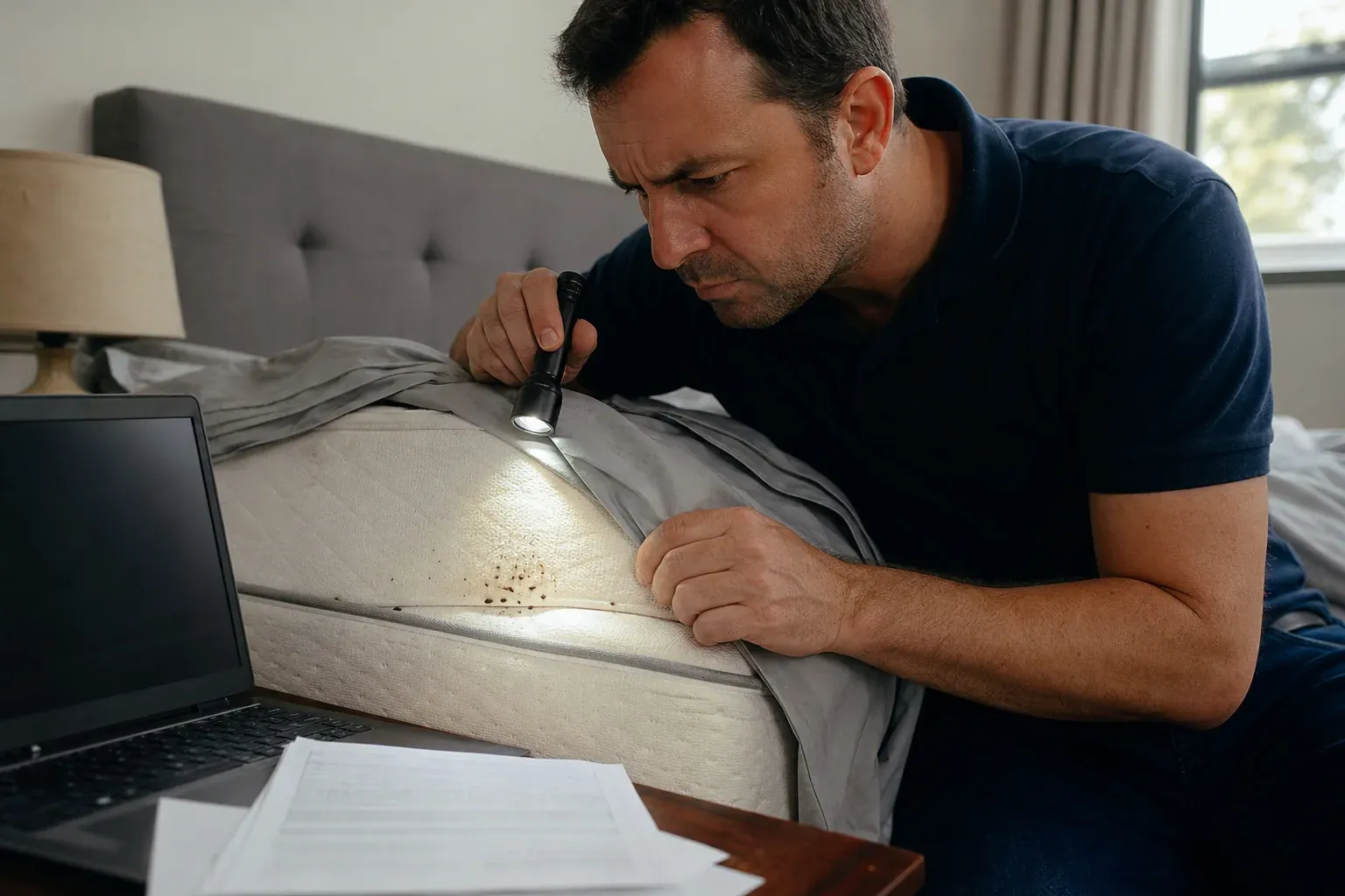 Une personne examine un matelas dans une chambre avec des documents d’assurance à proximité, pour illustrer une déclaration de sinistre liée aux punaises de lit.