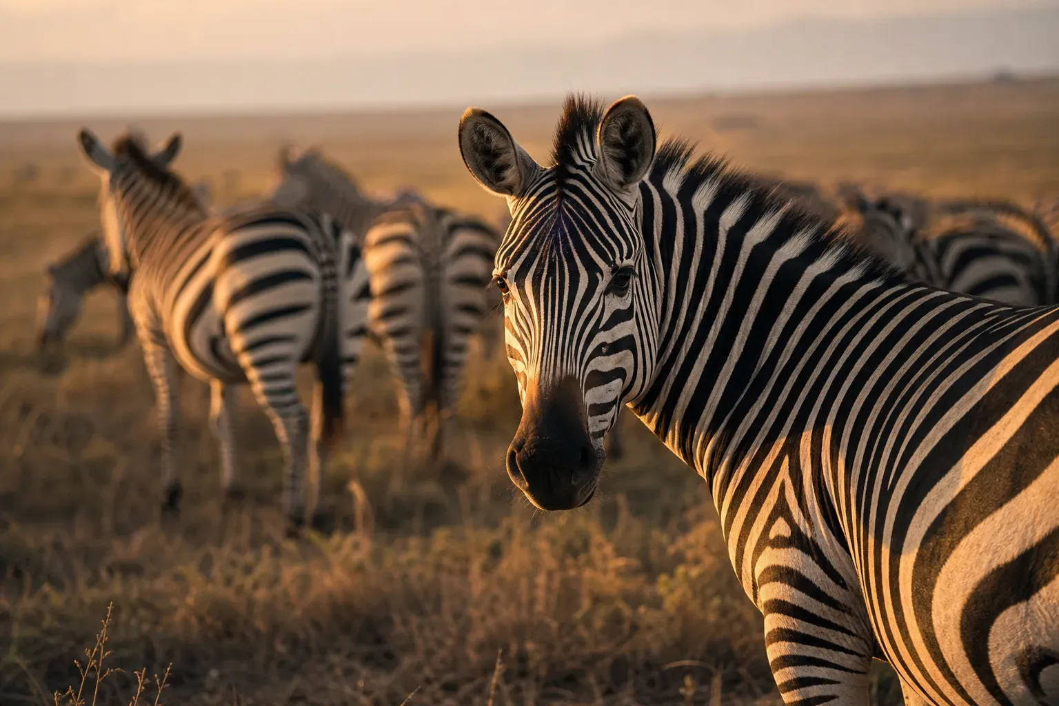 Un troupeau de zèbres dans la savane africaine, avec un zèbre en gros plan montrant nettement ses rayures noires et blanches.