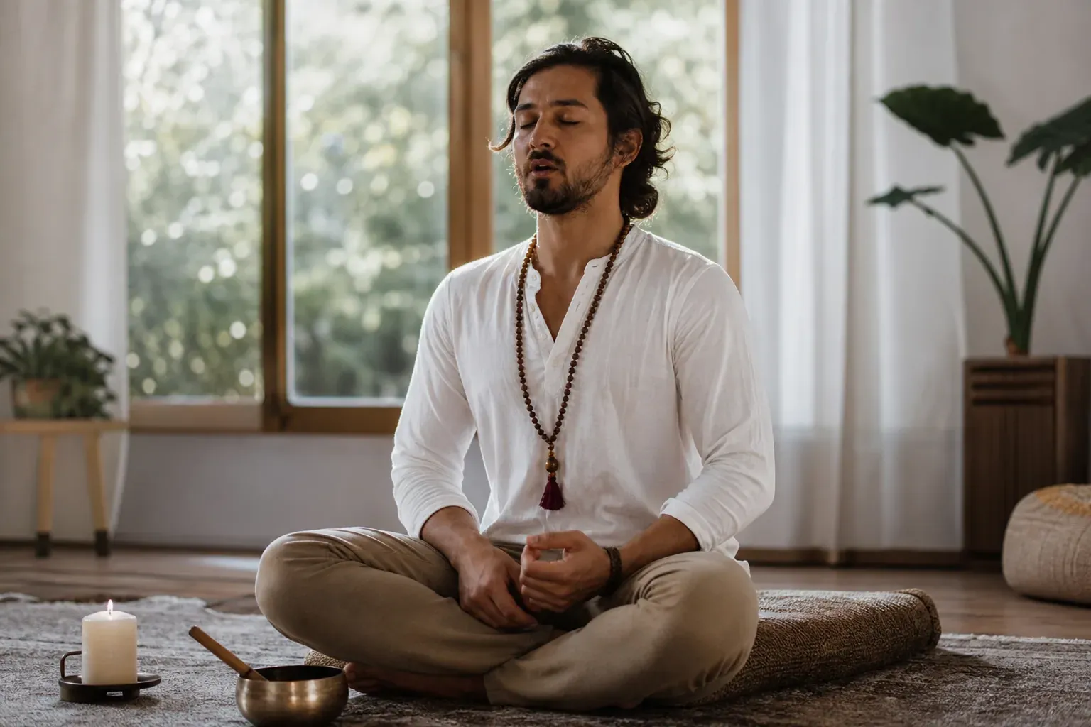 Une personne assise en méditation dans un intérieur apaisant, chantant doucement avec un bol chantant à proximité.