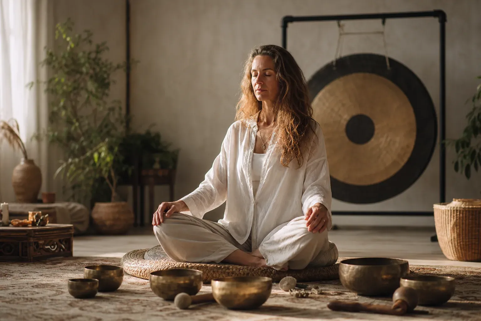 Une personne médite assise au sol dans une pièce apaisante, entourée de bols chantants et d’un gong, baignée de lumière naturelle.