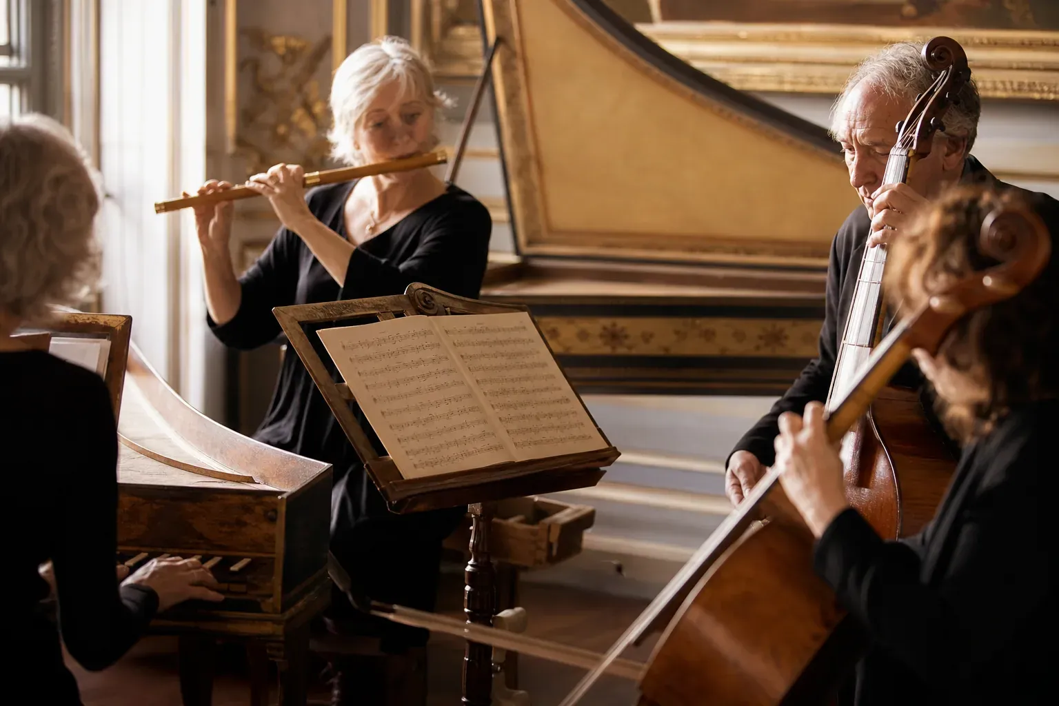 Un petit ensemble de musique de chambre baroque en répétition dans un salon historique, avec clavecin, flûte baroque, viole de gambe et violoncelle.