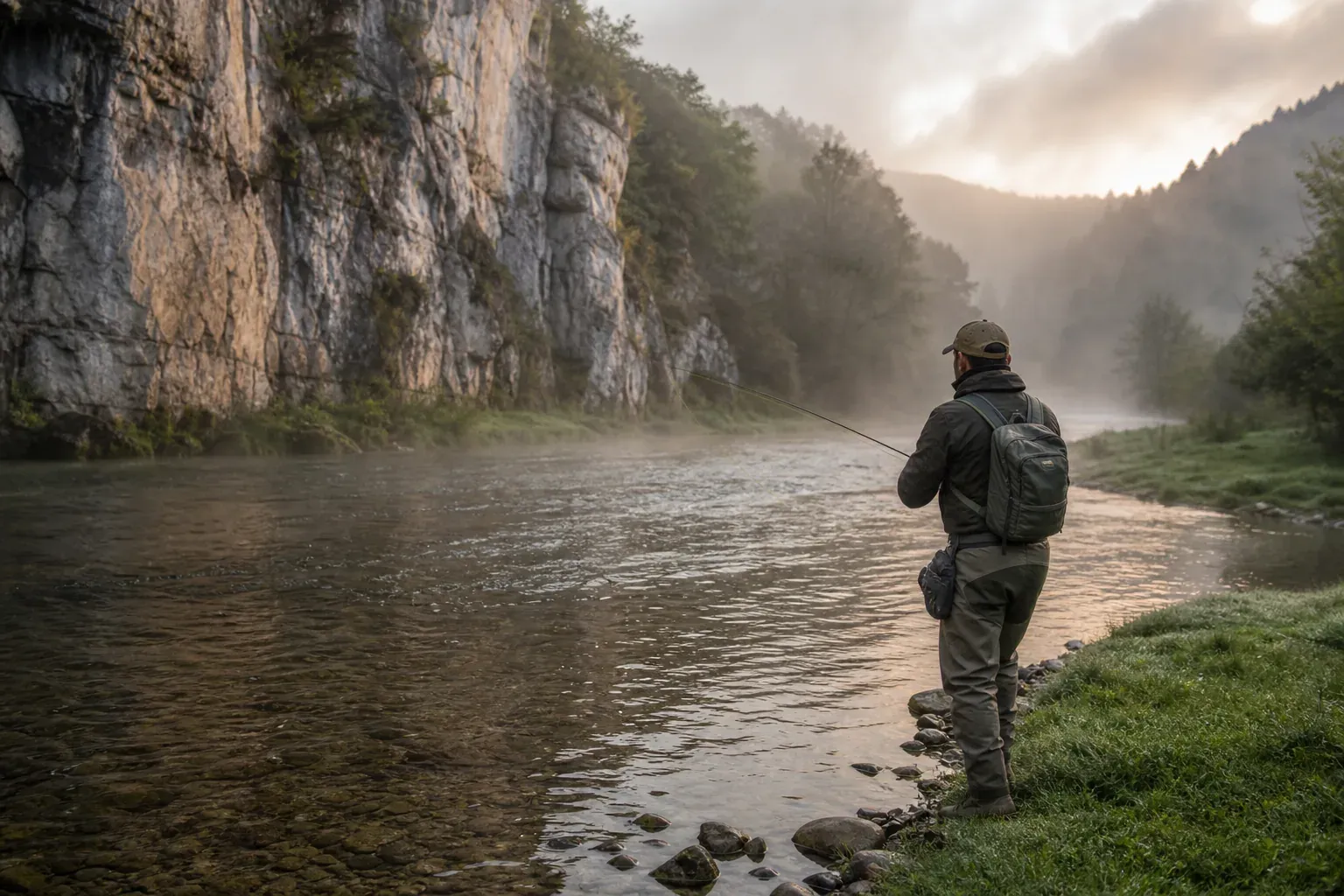 Pêcheur au bord d’une rivière claire de France à l’aube, avec courant vif et berges rocheuses favorables aux grosses truites.