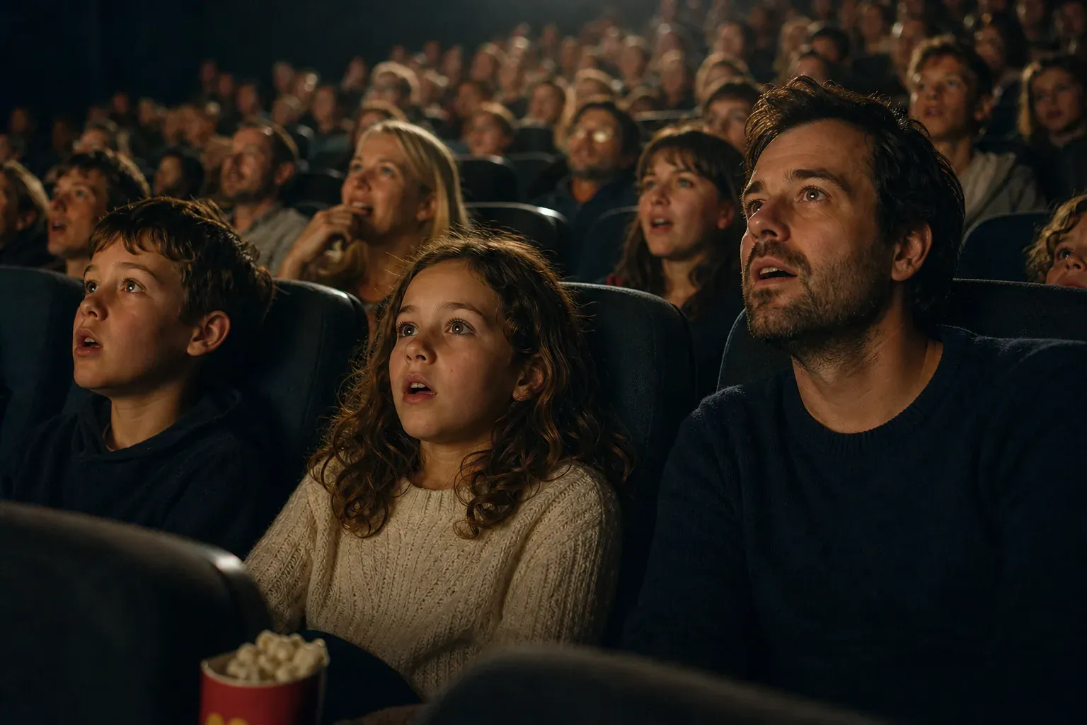 Une salle de cinéma pleine de spectateurs regardant un film d’animation sur fond d’univers préhistorique, avec une ambiance de succès populaire.