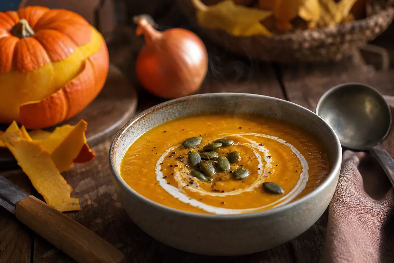 Bol de potage de potiron onctueux servi dans une ambiance d’automne, avec graines de courge, crème et ingrédients frais à côté.