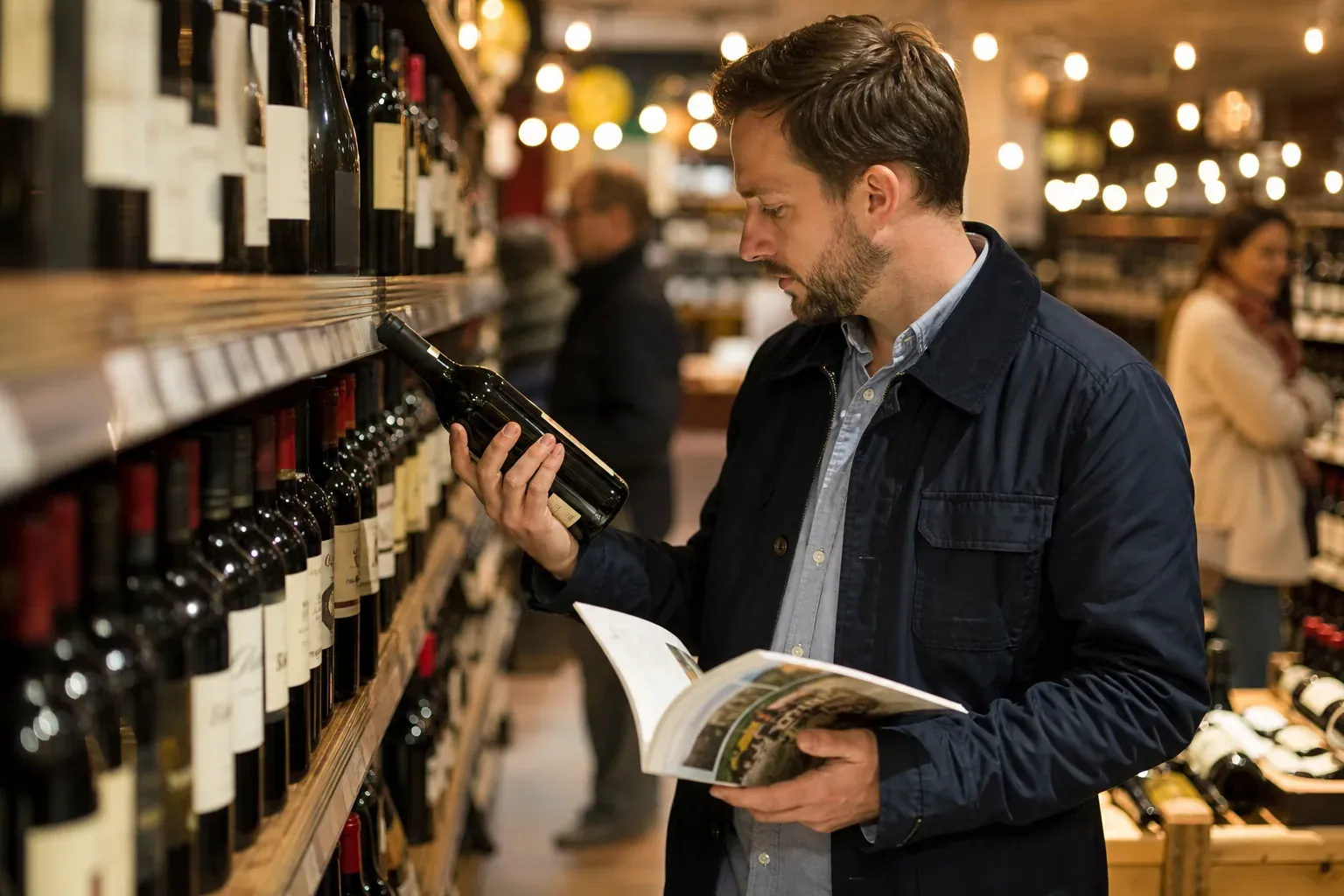 Client dans un rayon vin de supermarché, catalogue en main, examinant plusieurs bouteilles pendant la foire aux vins.
